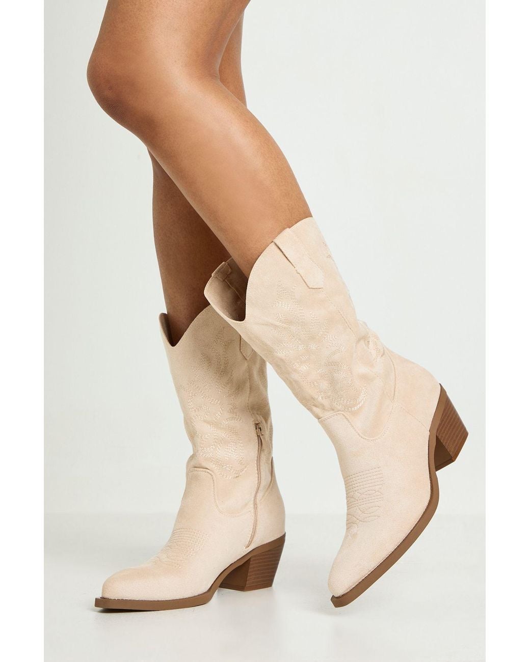 Boohoo Natural Faux Suede Tab Detail Calf High Western Boots