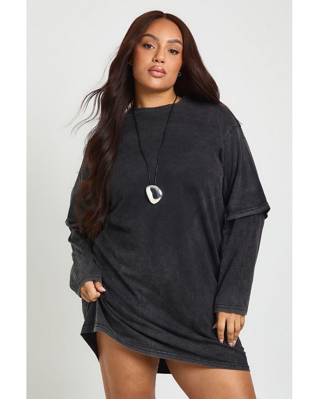 Boohoo Black Plus Acid Wash 2-1 Layered T-Shirt Dress