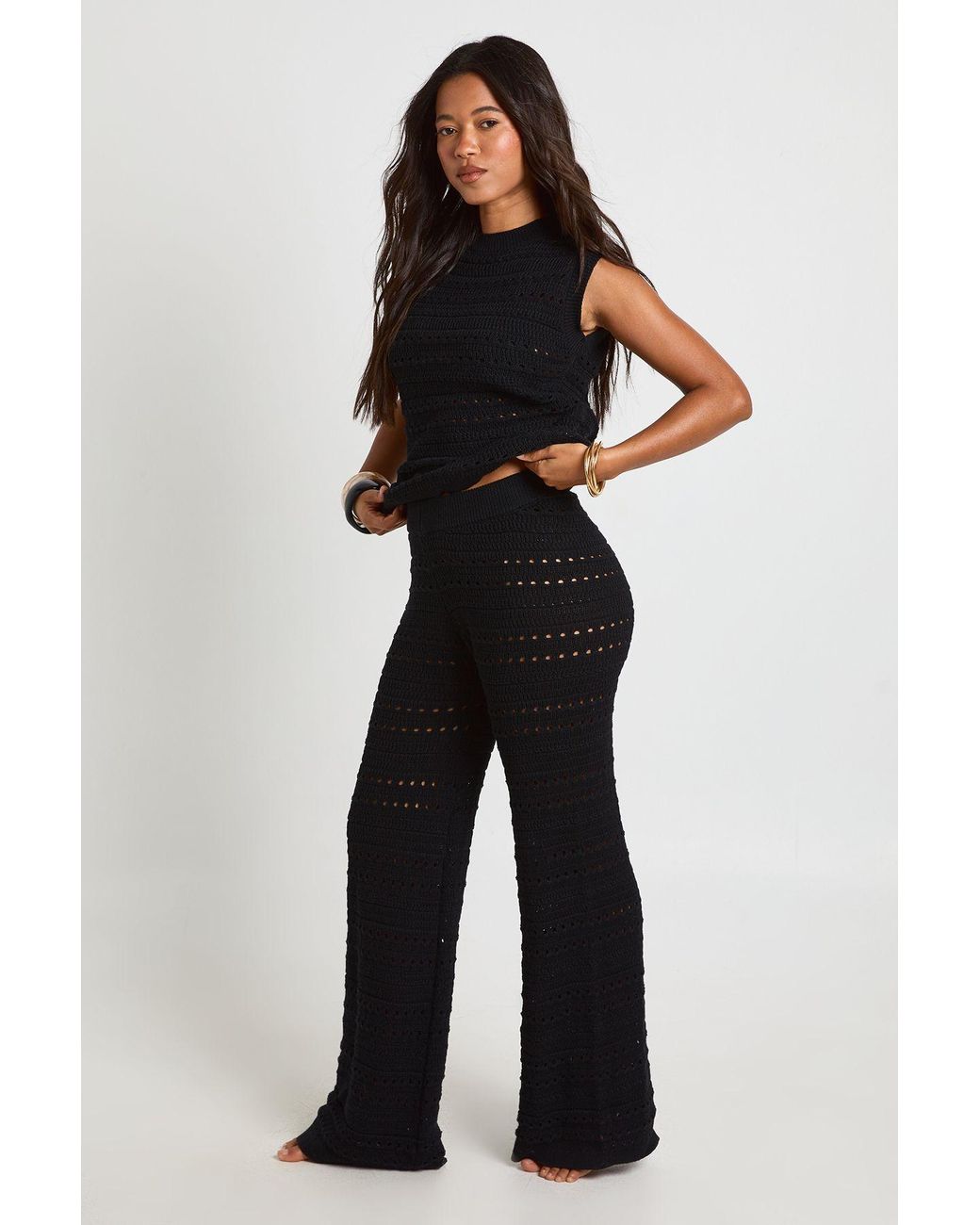 Boohoo Blue Crochet Knit Longline Top And Trouser Co-Ord