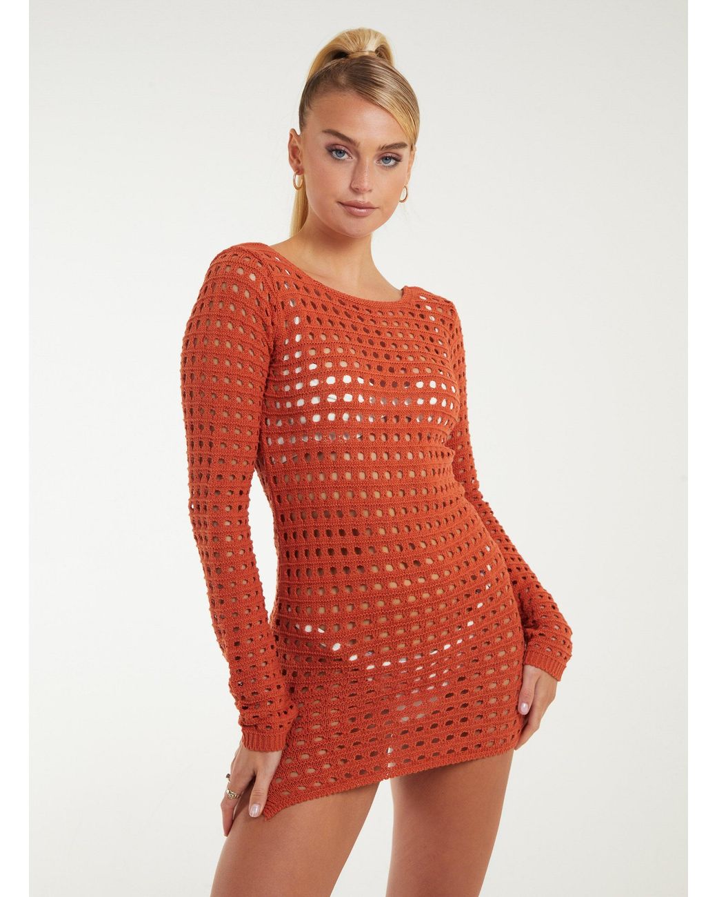 Pink Vanilla Red Long Sleeve Crochet Dress
