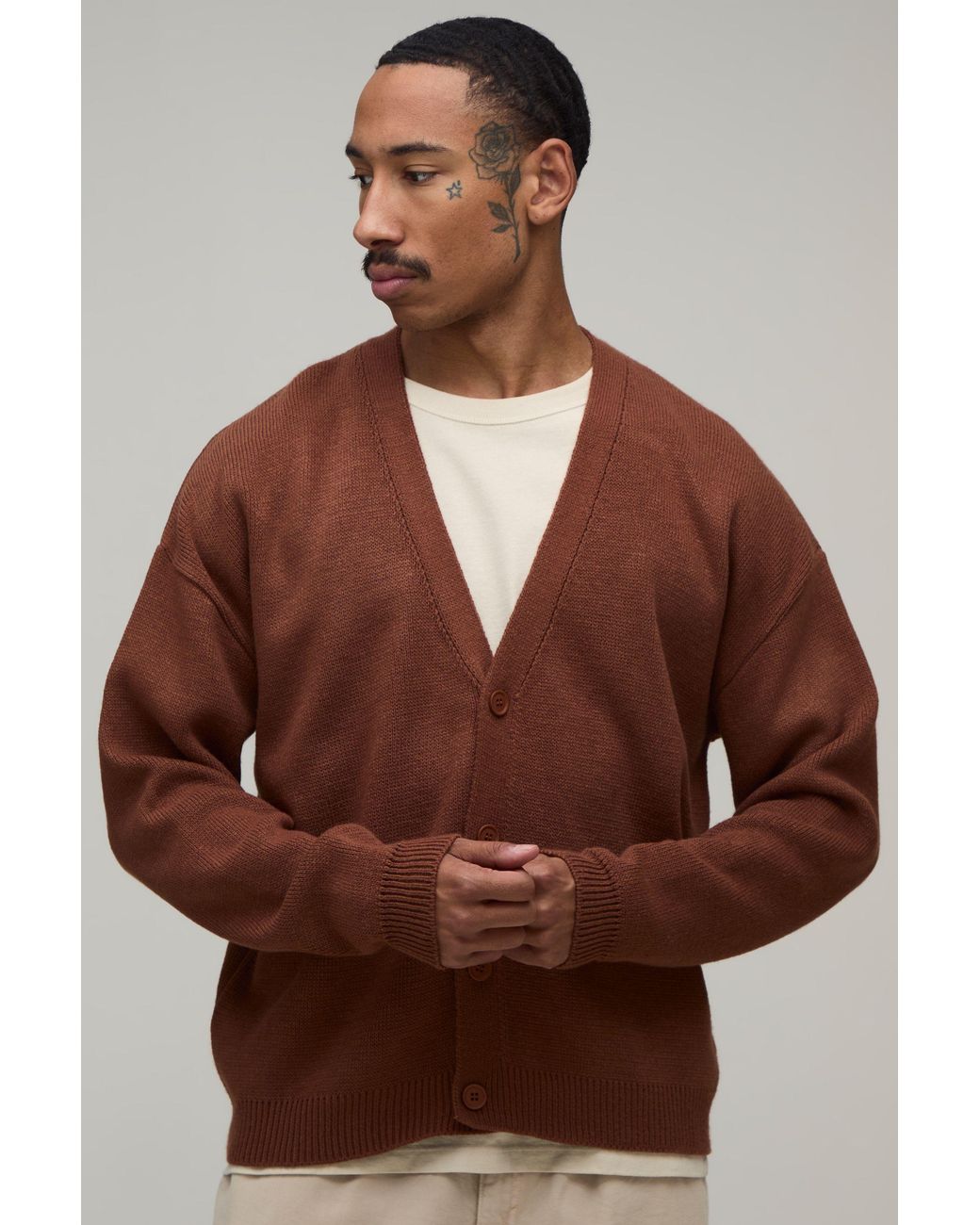 BoohooMAN Brown Relaxed Soft Touch Knitted Cardigan for men