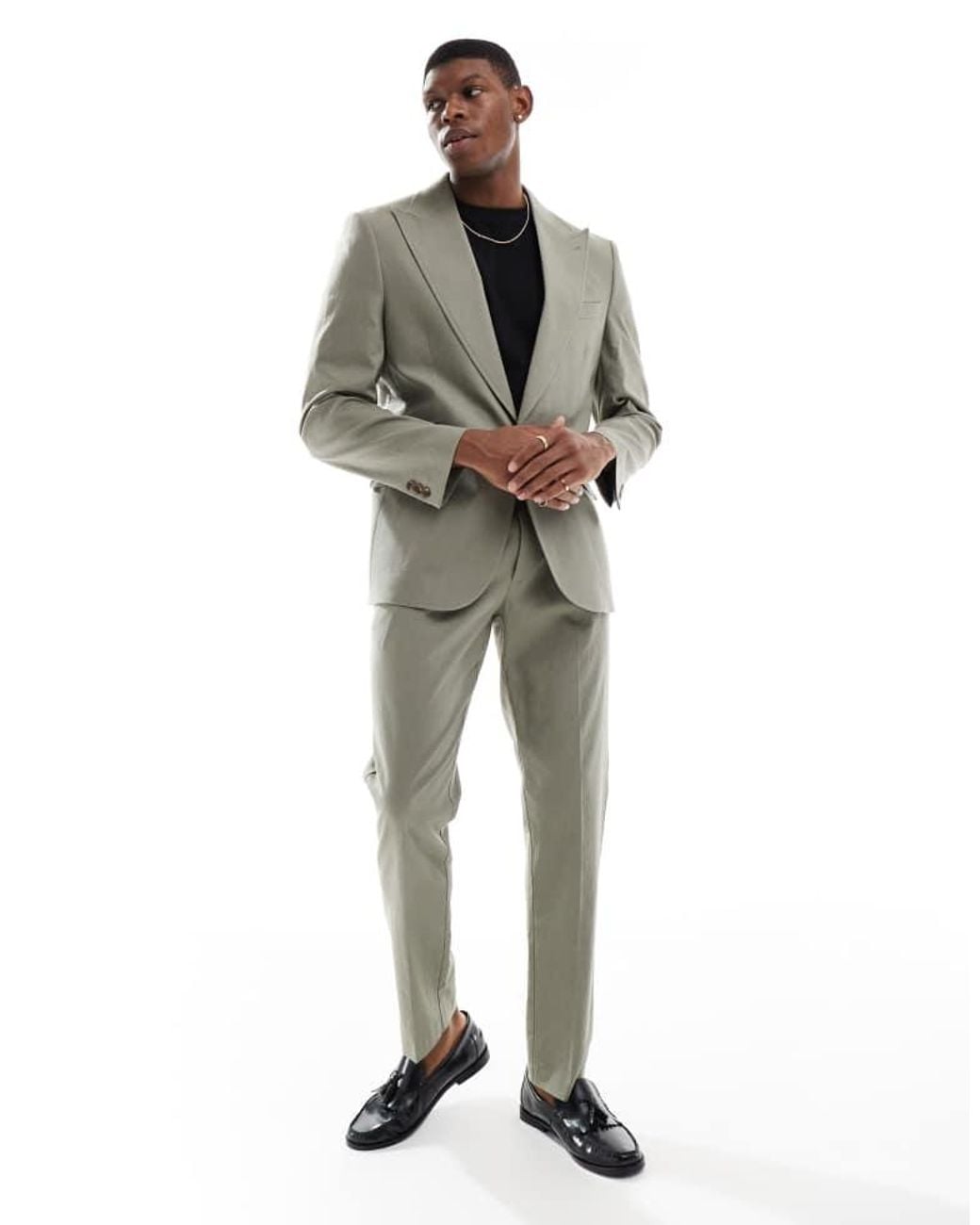 ASOS Green Linen Blend Slim Suit Trousers for men