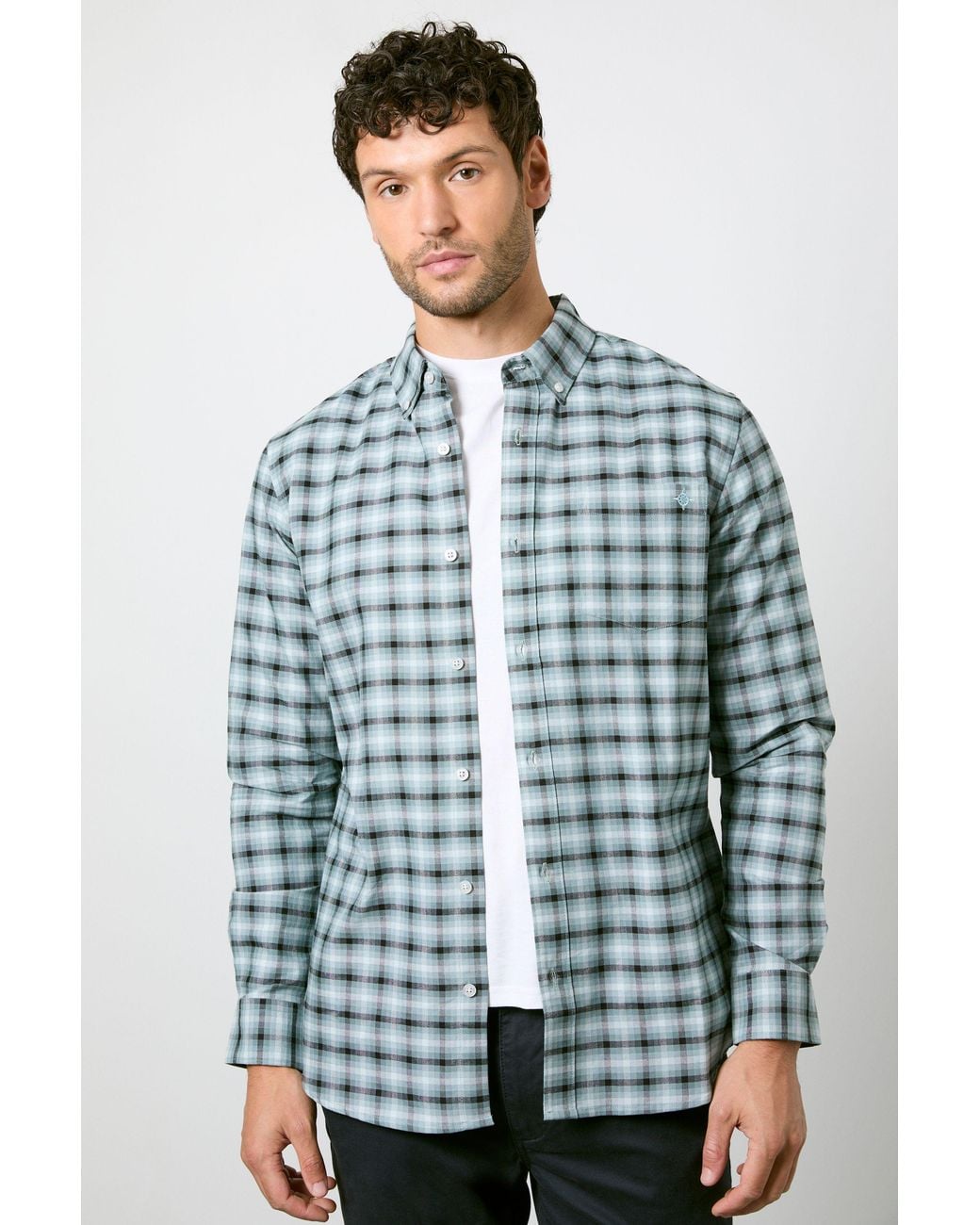 MAINE Blue Light Textured Stretch Long Sleeve Shirt Cotton for men