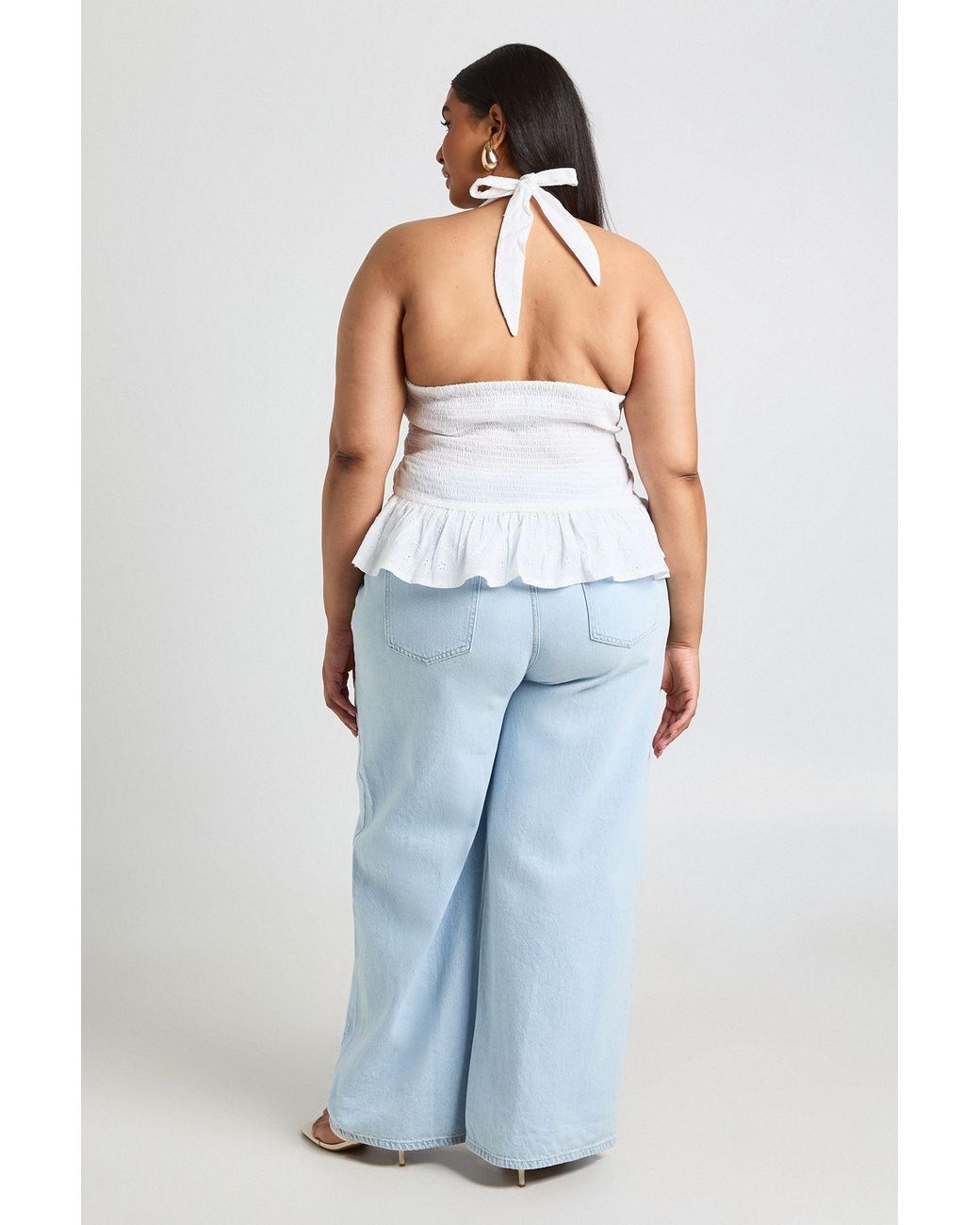 Boohoo White Plus Broidery Shirred Halterneck Top