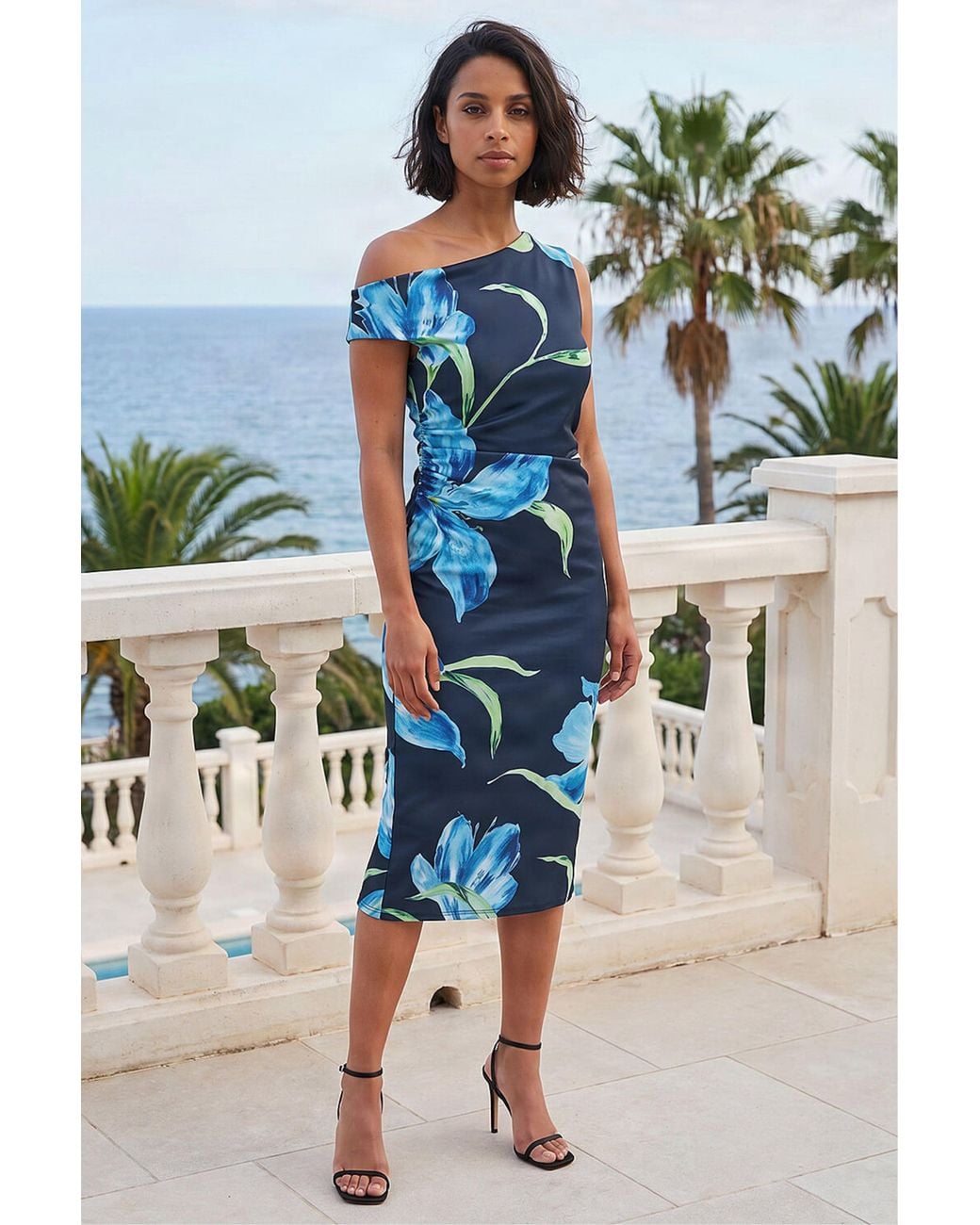 D.u.s.k Blue Floral Asymmetric Midi Dress