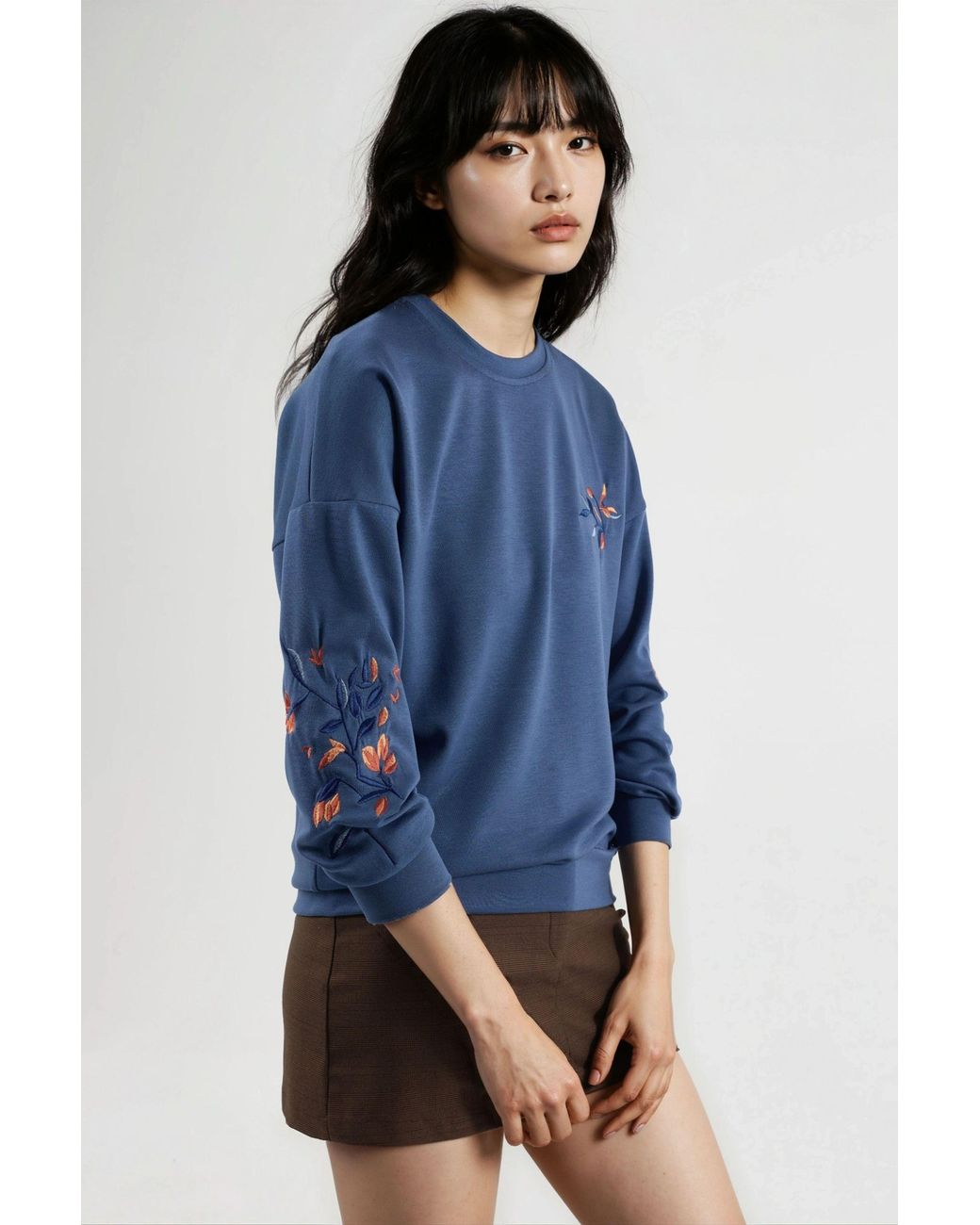 Hiccup Blue Modal Touch Crew Neck Embroidered Sweatshirt