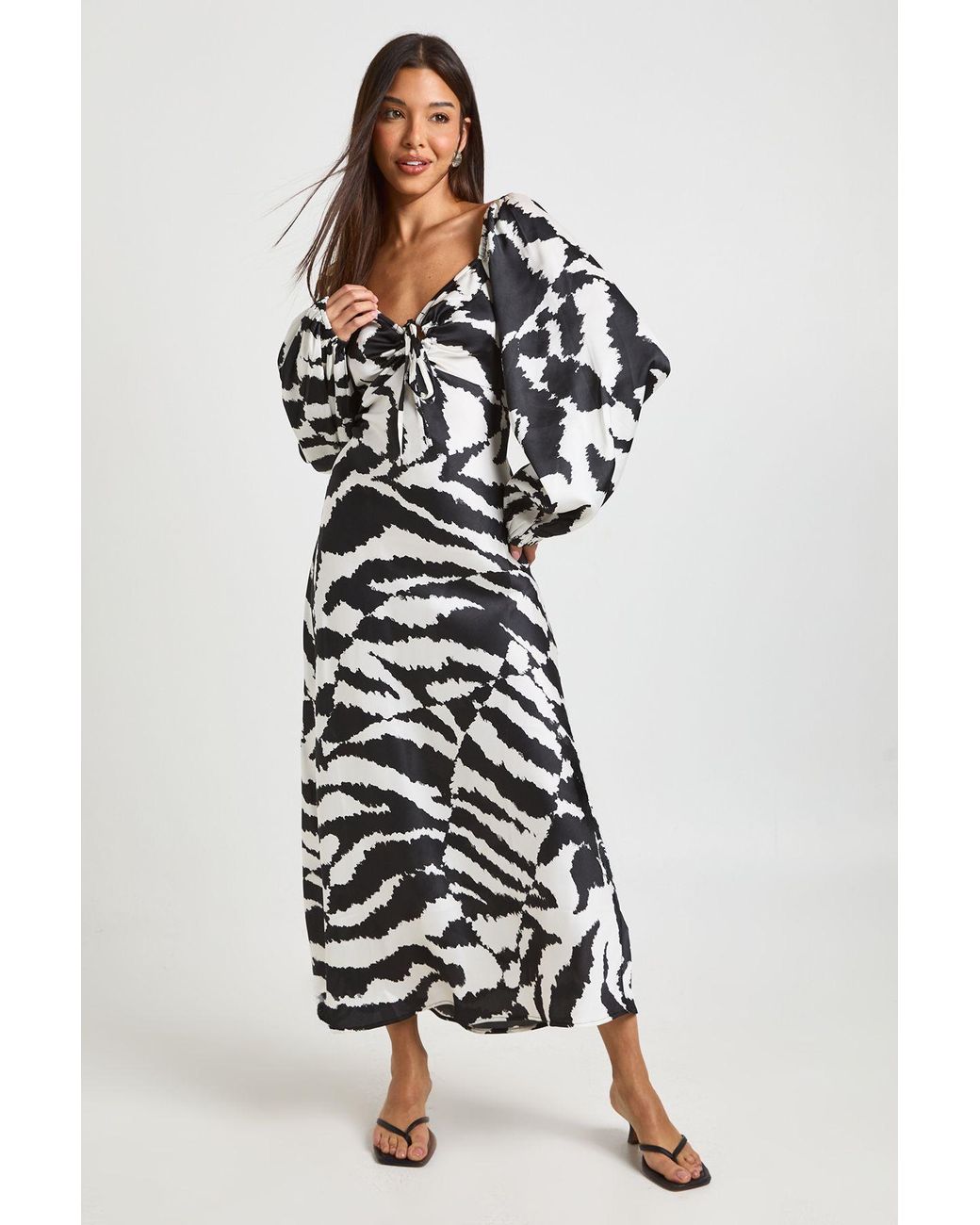 Boohoo White Mixed Animal Volume Sleeve Satin Midaxi Dress