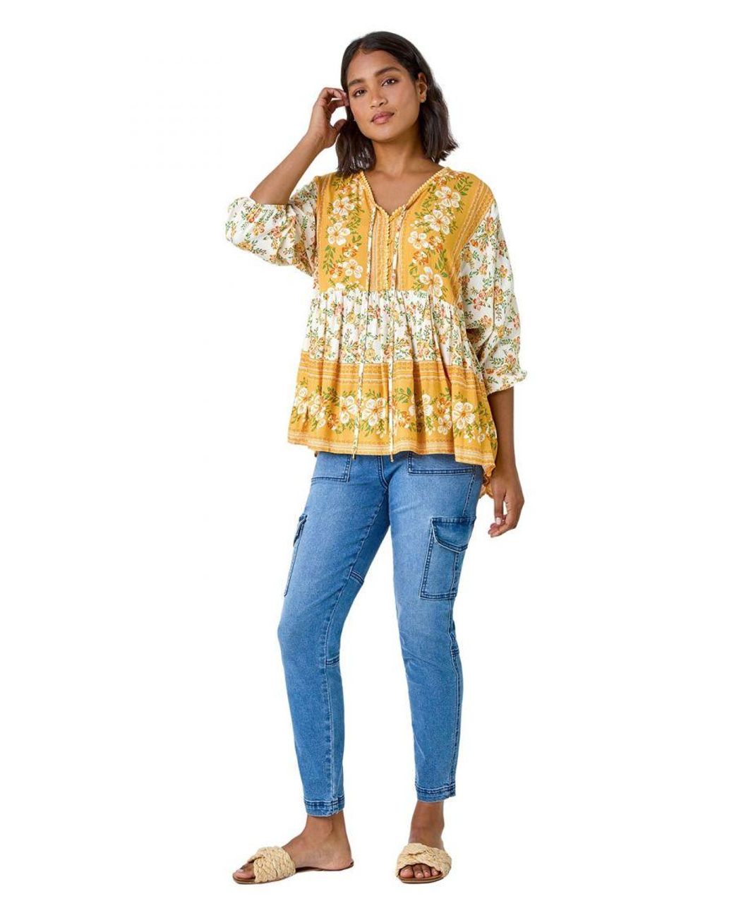 Roman Yellow Floral Border Print V-Neck Overshirt