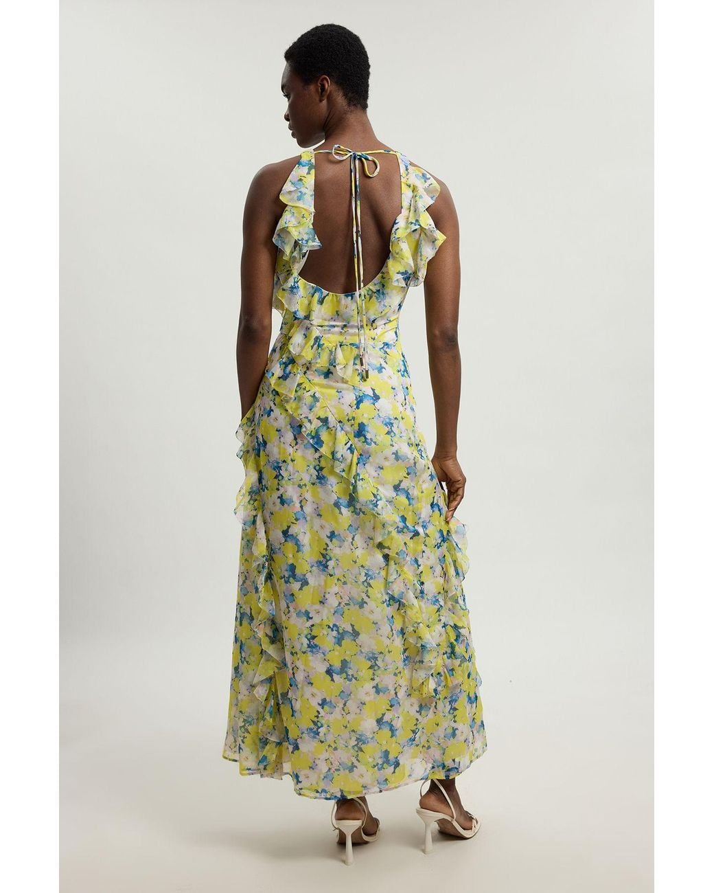 Karen Millen Green Crinkle Georgette Ruffle Detail Halter Neck Woven Maxi Dress