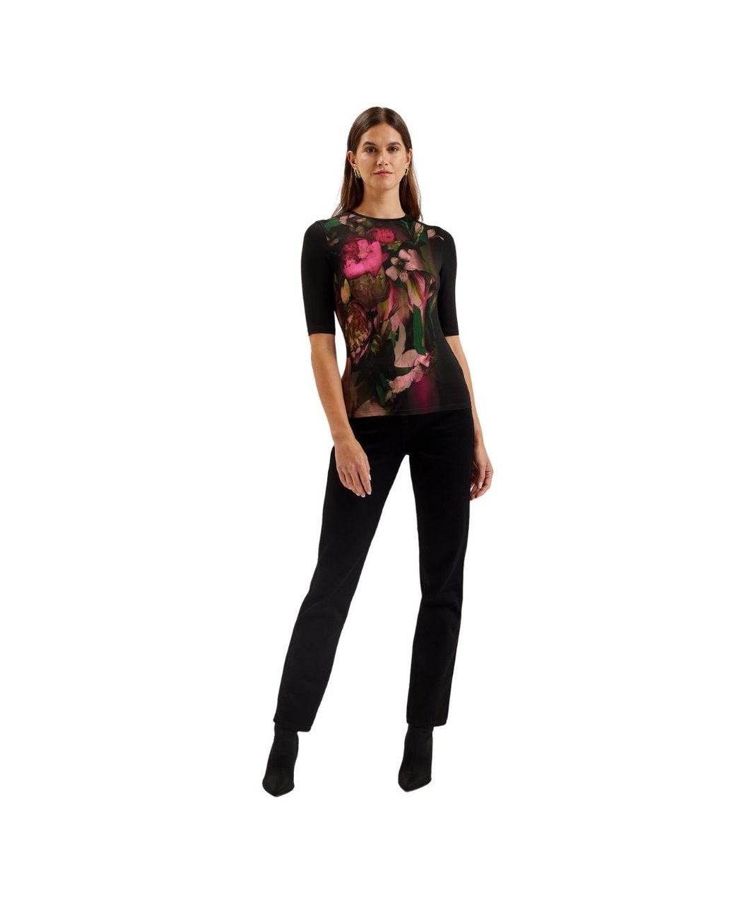 Ted Baker Black Floene Printed Skinny Fit Quarter Sleeve Top Viscose