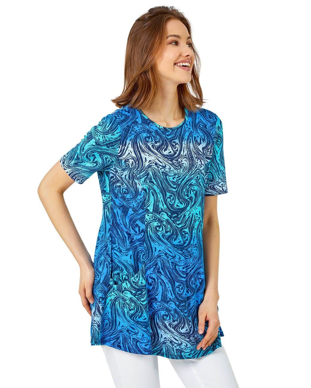 Roman Blue Swirl Print Stretch Pocket Tunic Top