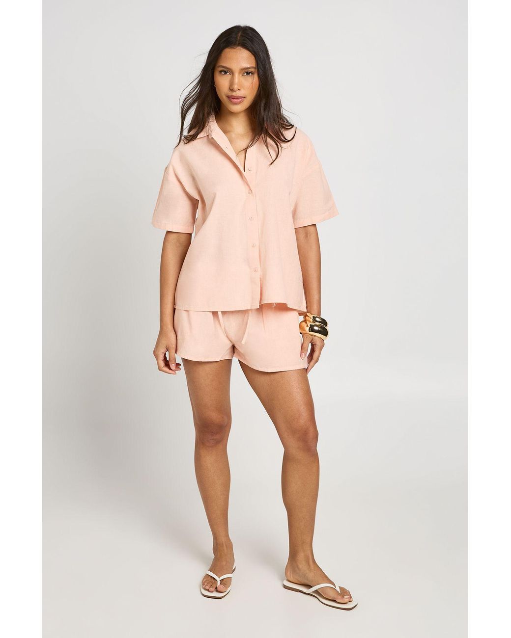 Boohoo Pink Linen Look Boxy Short Sleeve Shirt & Co-Ord