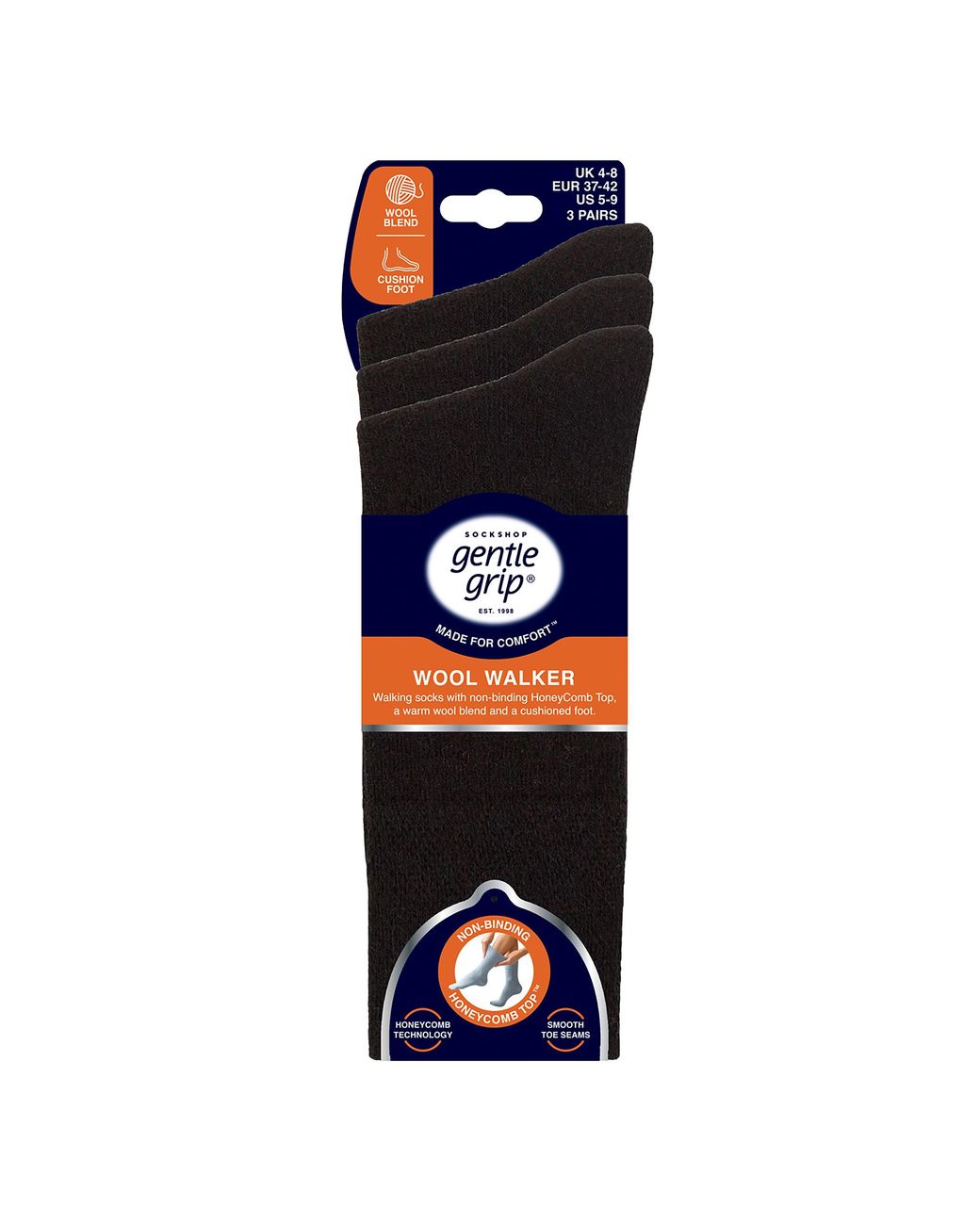 Gentle Grip Black 3 Pack Ladies Wool Boot Socks Warm Cushioned Hiking Crew