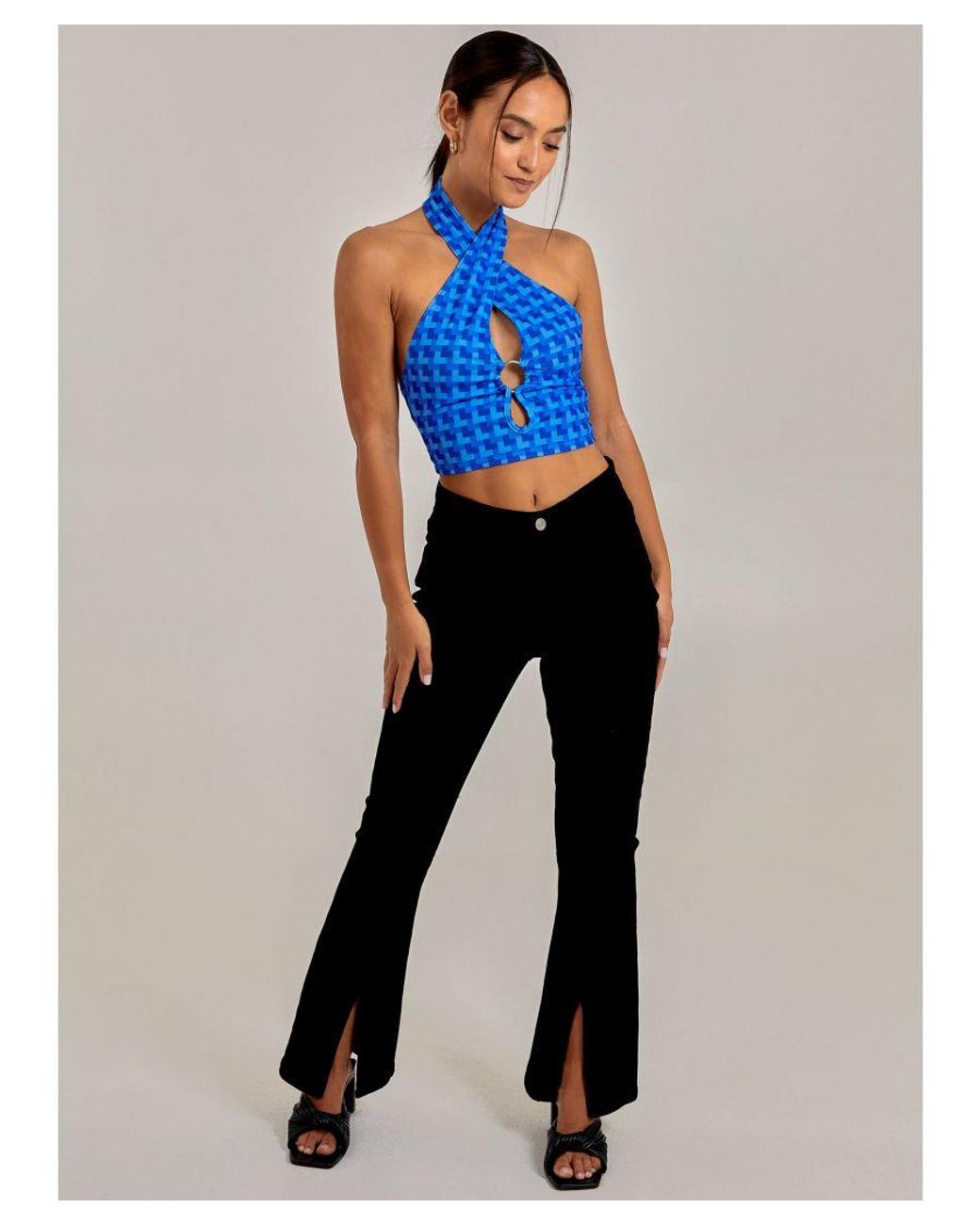 Pink Vanilla Blue Geometric Print Cut Out Halterneck Top
