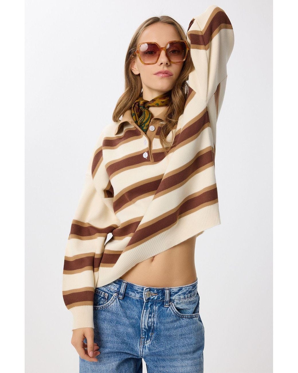 Happiness İstanbul Blue Striped Sweater With Polo Collar