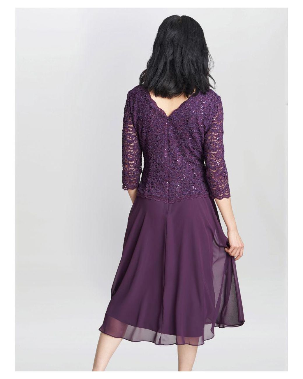 Gina Bacconi Purple Rona Midi-Length Dress With Lace Bodice & Chd31:E31Iffon Skirt