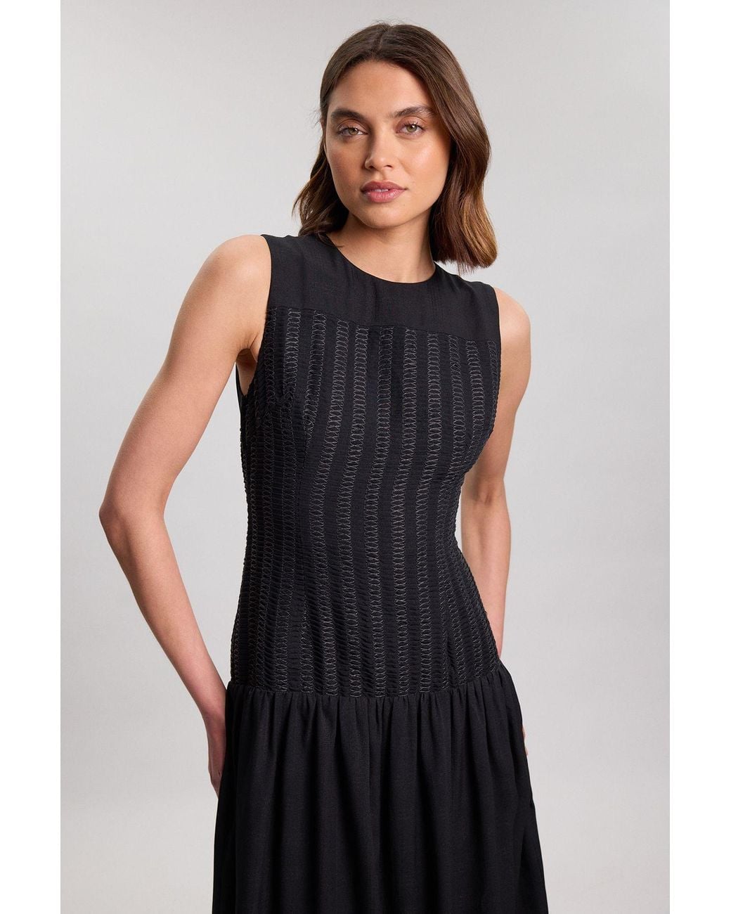 Karen Millen Black Textured Drop Waist Long Sleeve Woven Midi Dress