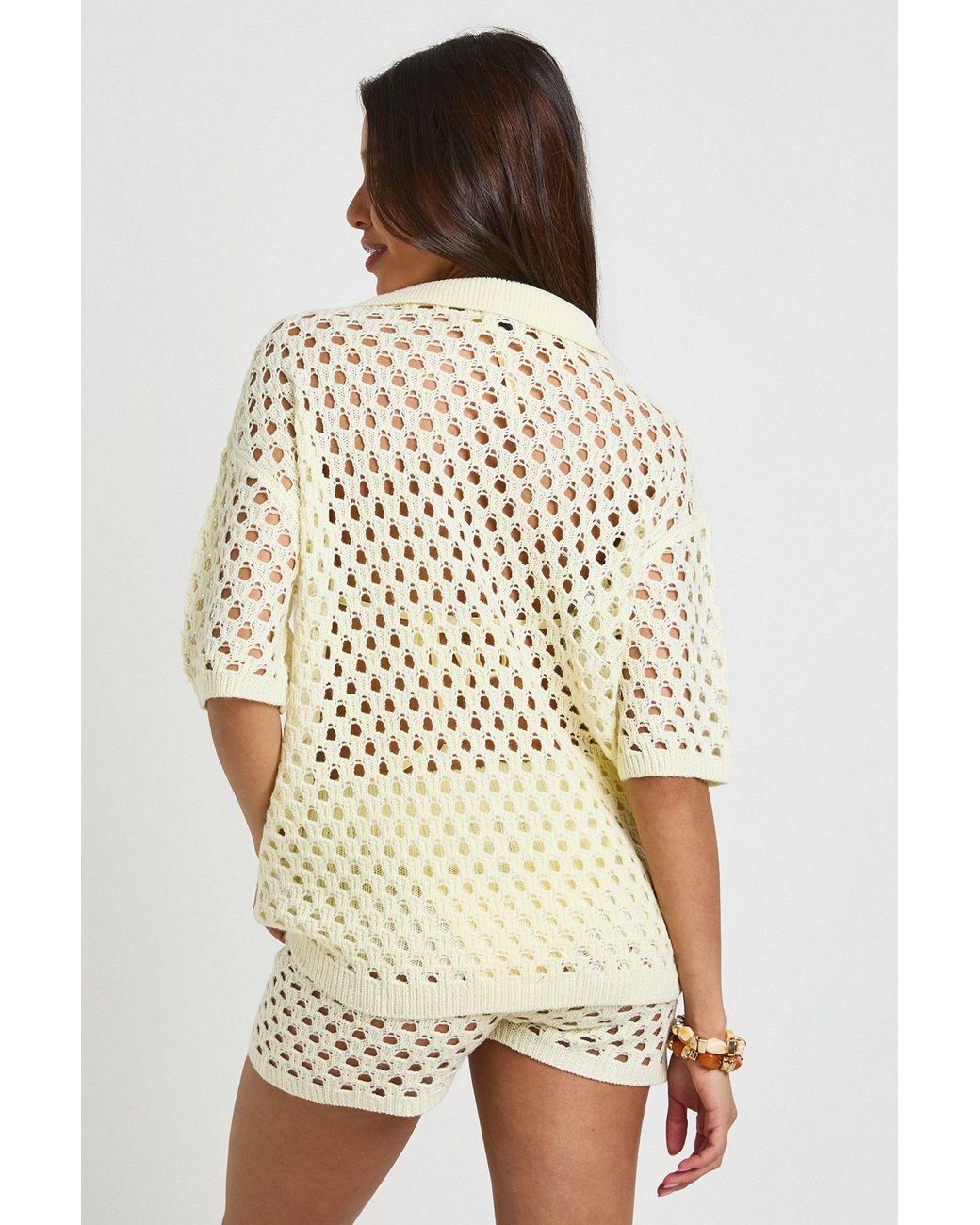 Boohoo Natural Crochet Oversized Knitted Shirt And Short Set
