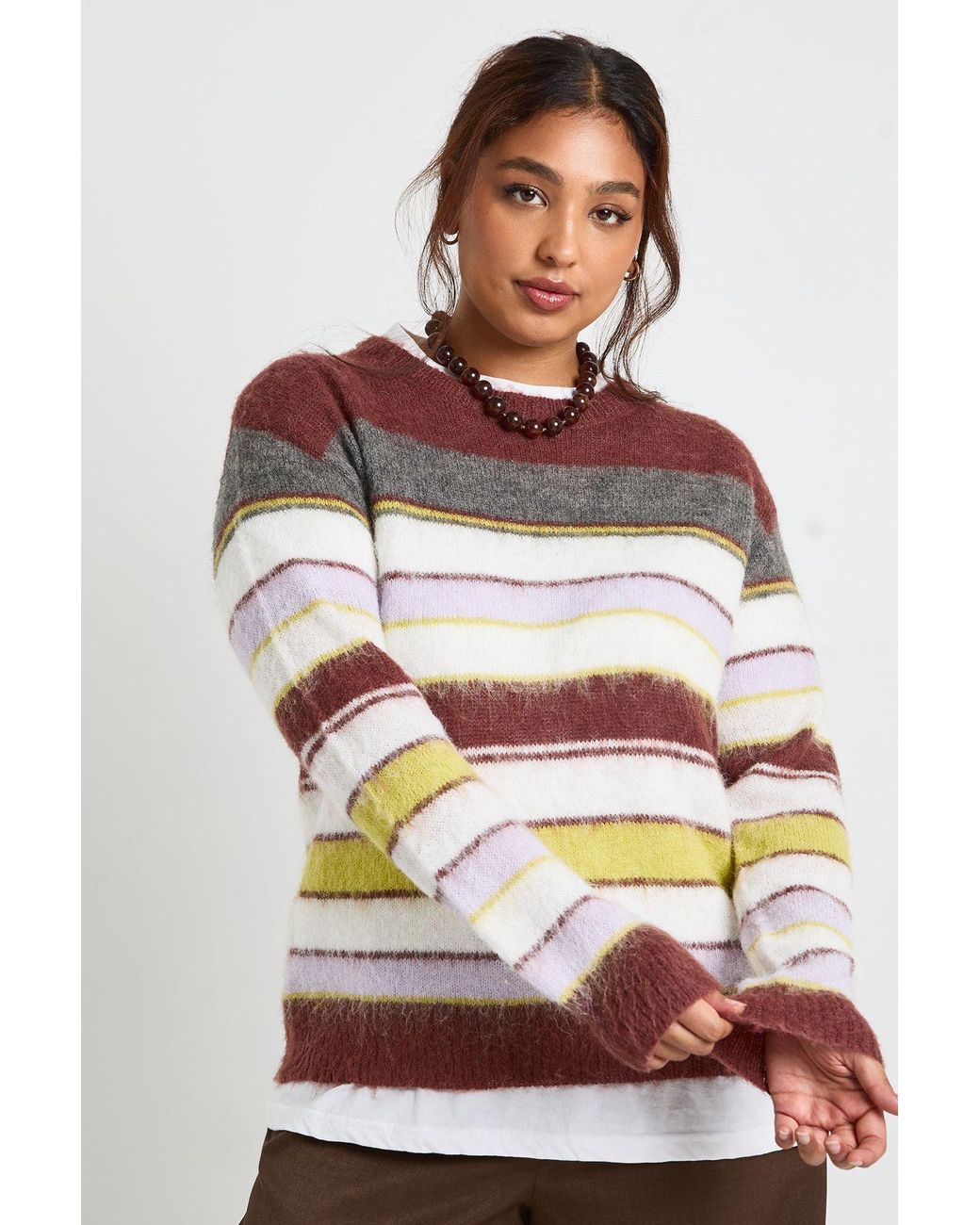 Boohoo Multicolor Plus Brushed Knit Multi Stripe Oversized Crew Neck Jumper