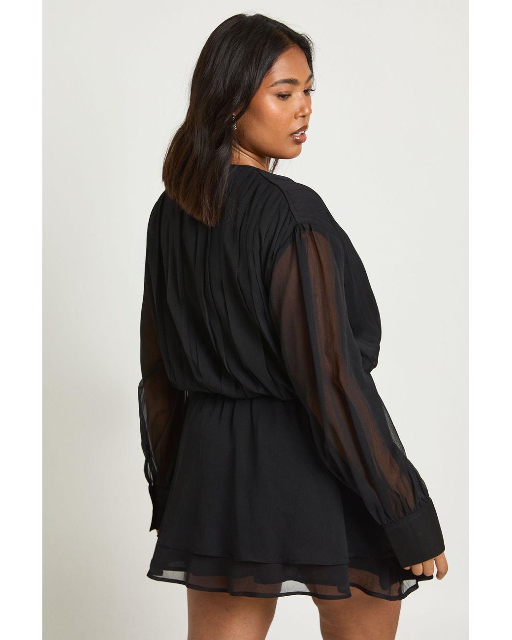 Boohoo Black Plus Chiffon Blouson Ruffle Tie Belt Skater Dress