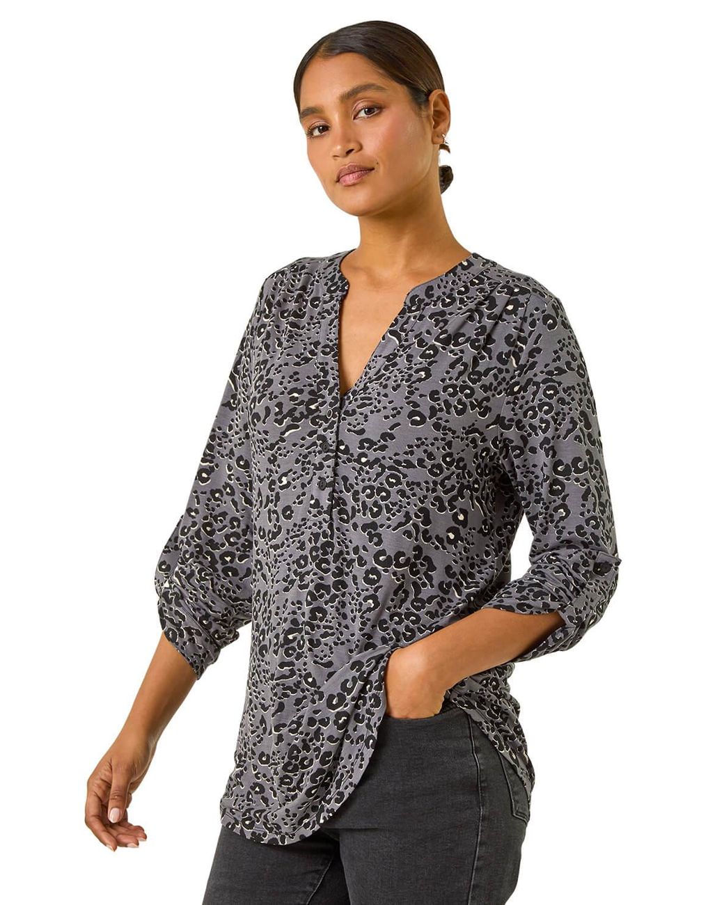 Roman Gray Animal Print Stretch Blouse