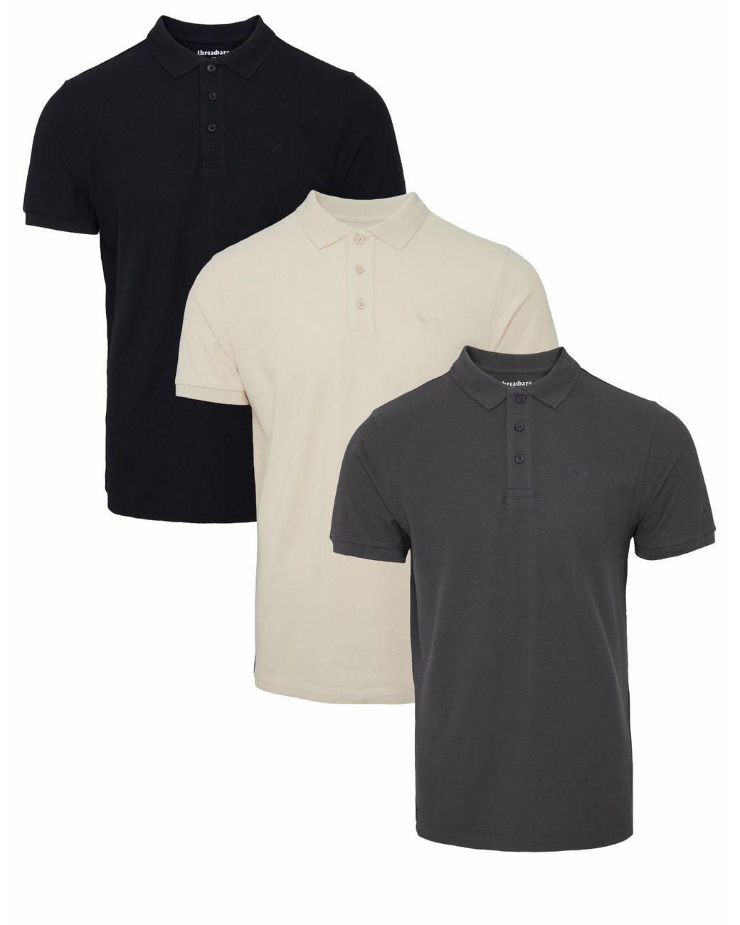 Threadbare Black 3 Pack 'Conroy' Cotton Pique Polo Shirts for men