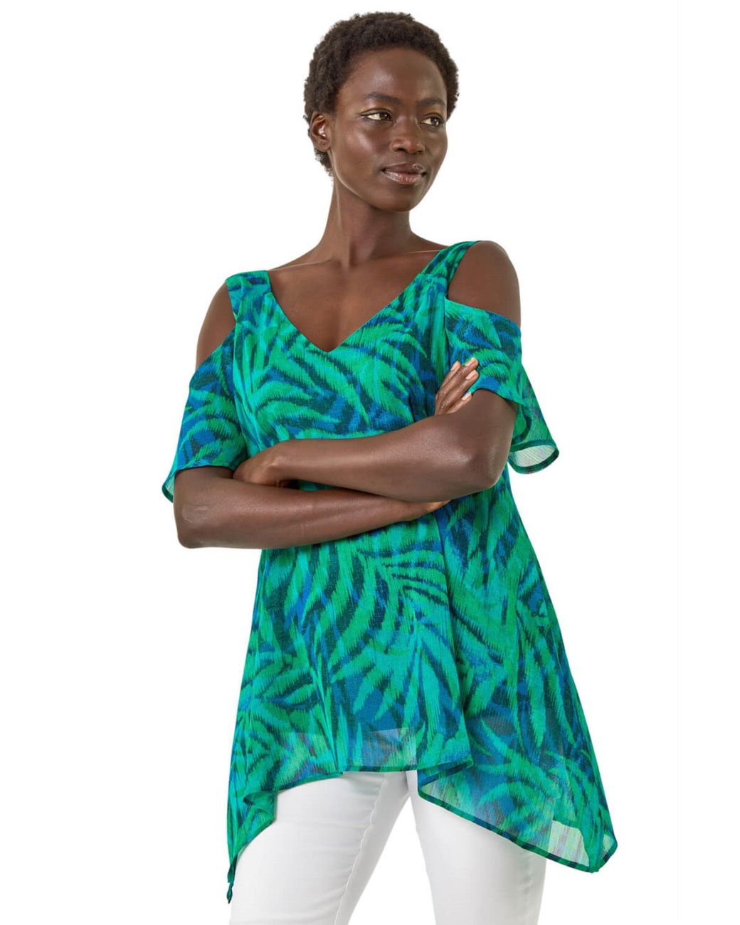 Roman Green Leaf Print Cold Shoulder Top
