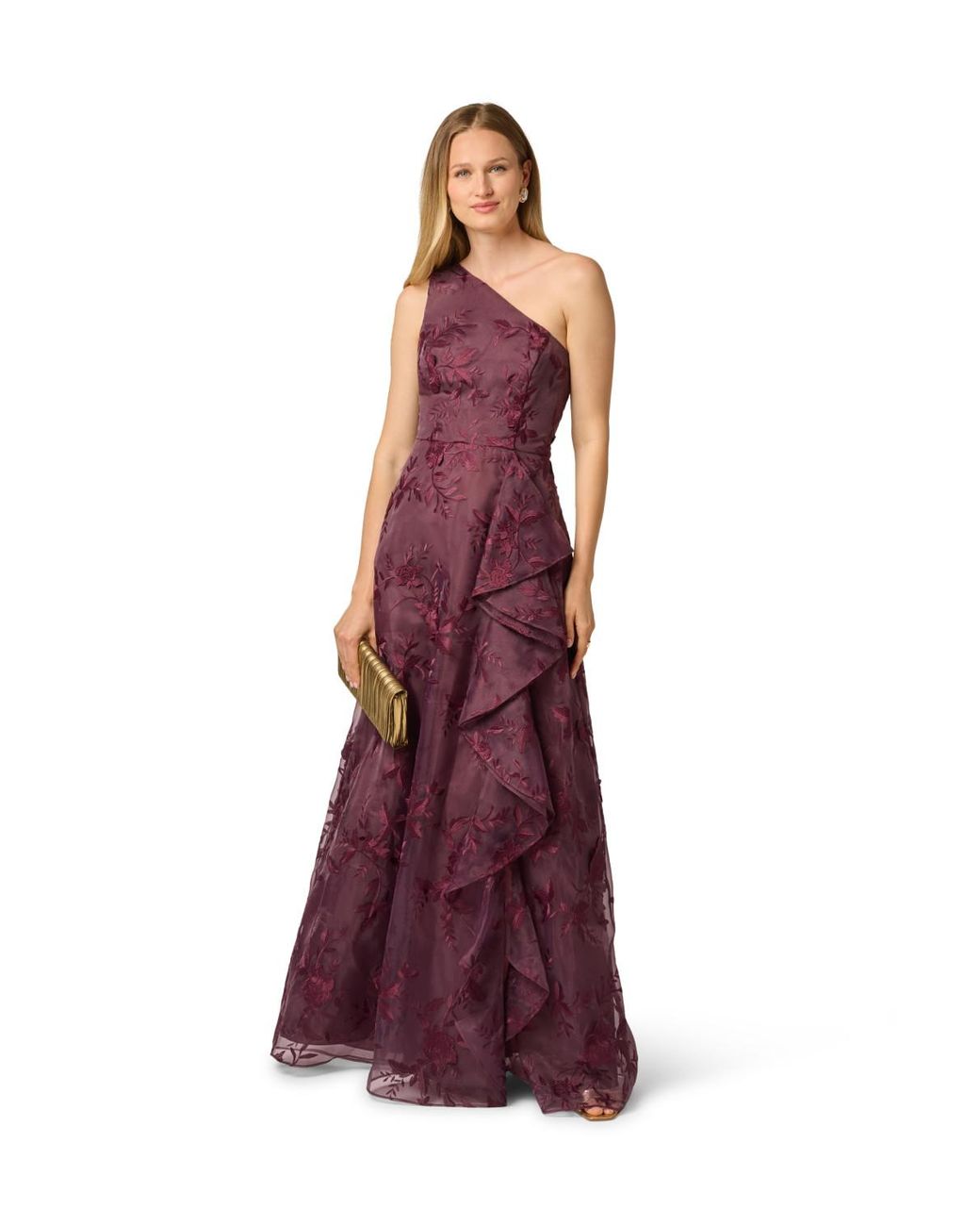 Adrianna Papell Purple Embroidered Ruffle Gown