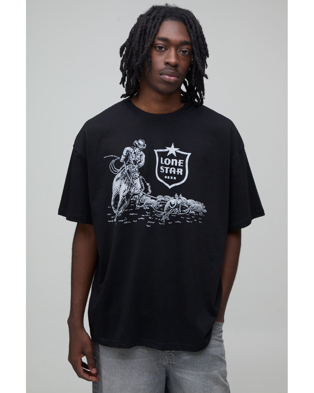 BoohooMAN Black Oversized Lone Star Beer Cowboy License Print T-Shirt for men