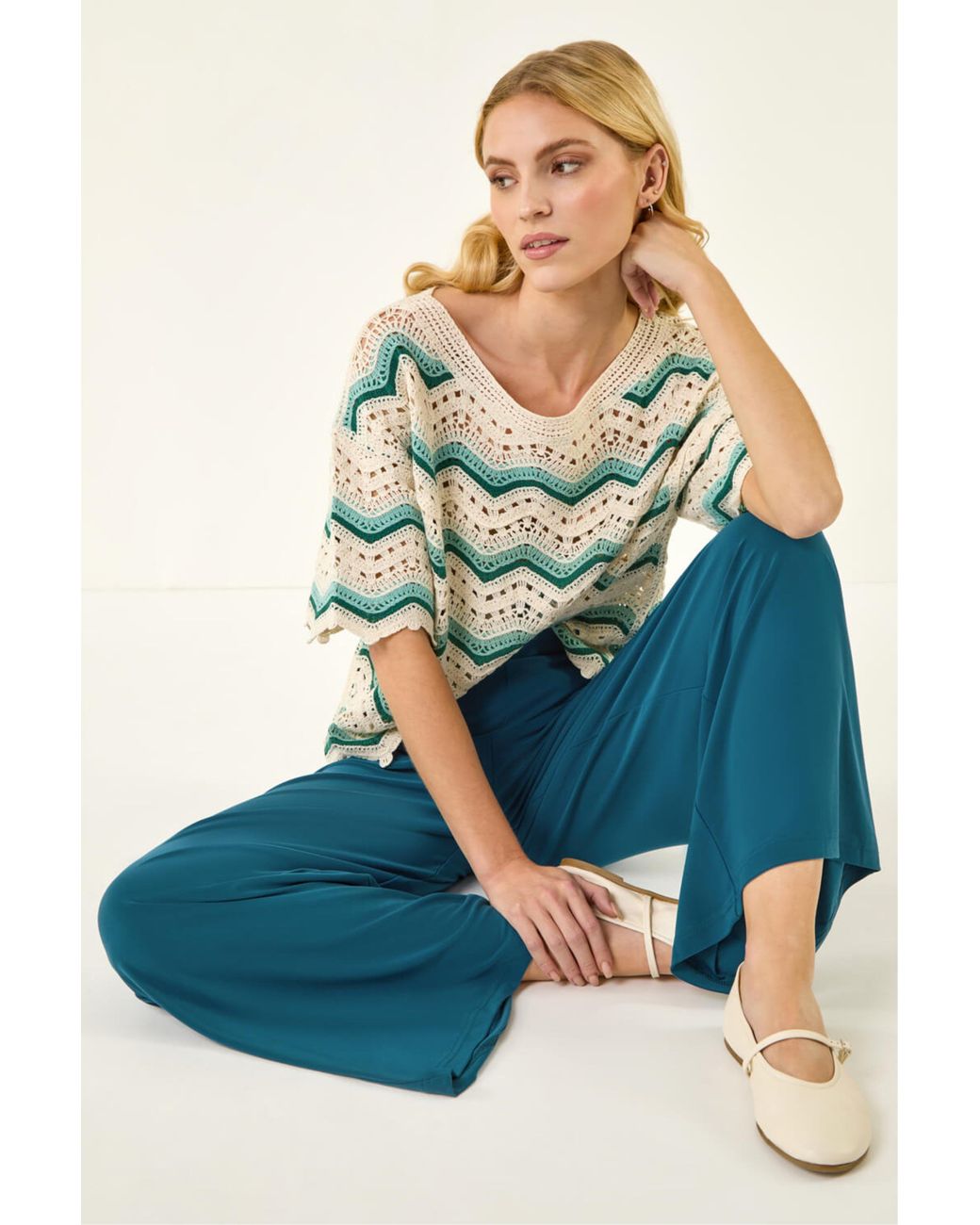 Roman Blue Wide Leg Stretch Trousers