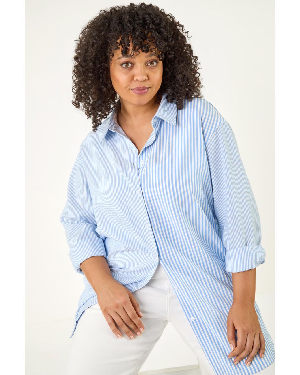 Roman Blue Curve Contrast Stripe Blouse