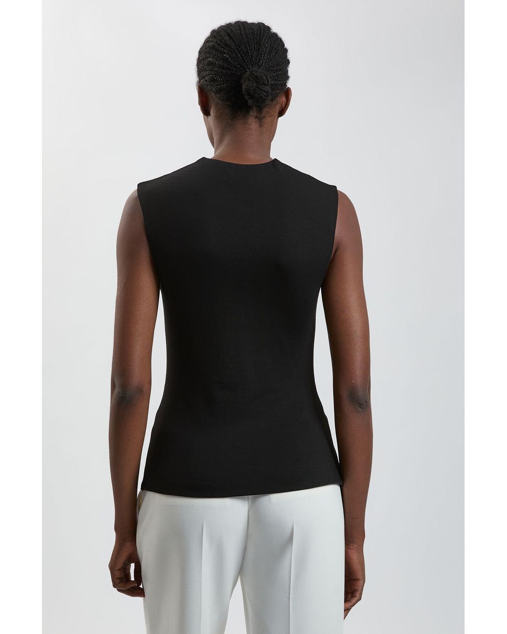 Karen Millen Black Viscose Metal Clasp Detail Jersey Top With Asymmetrical Hem