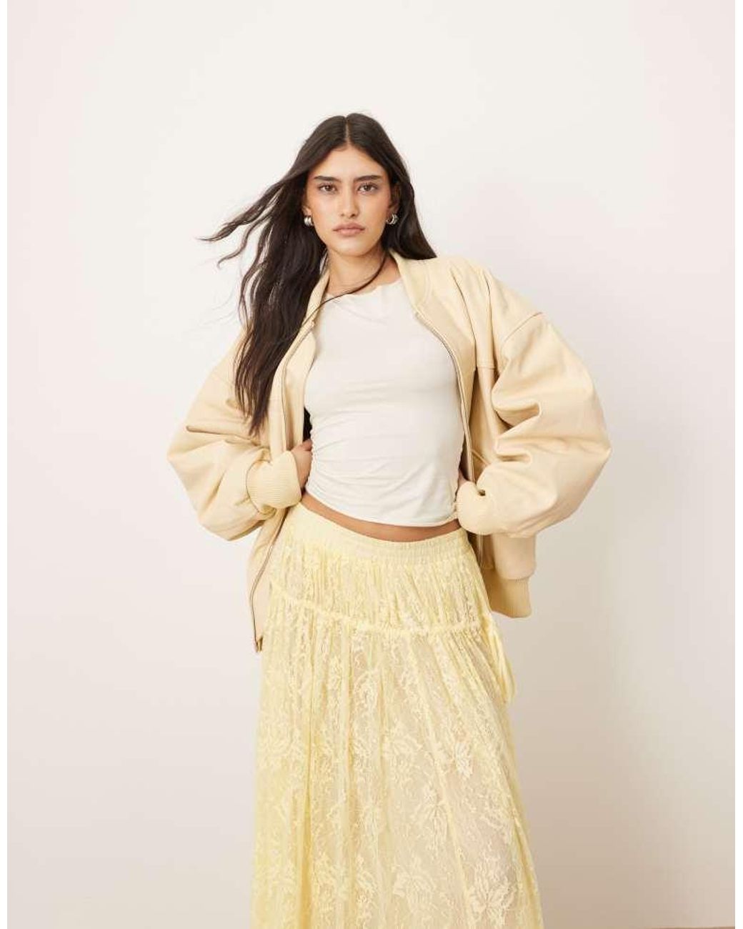 ARRANGE Natural Lace Drawstring Detail Volume Maxi Skirt