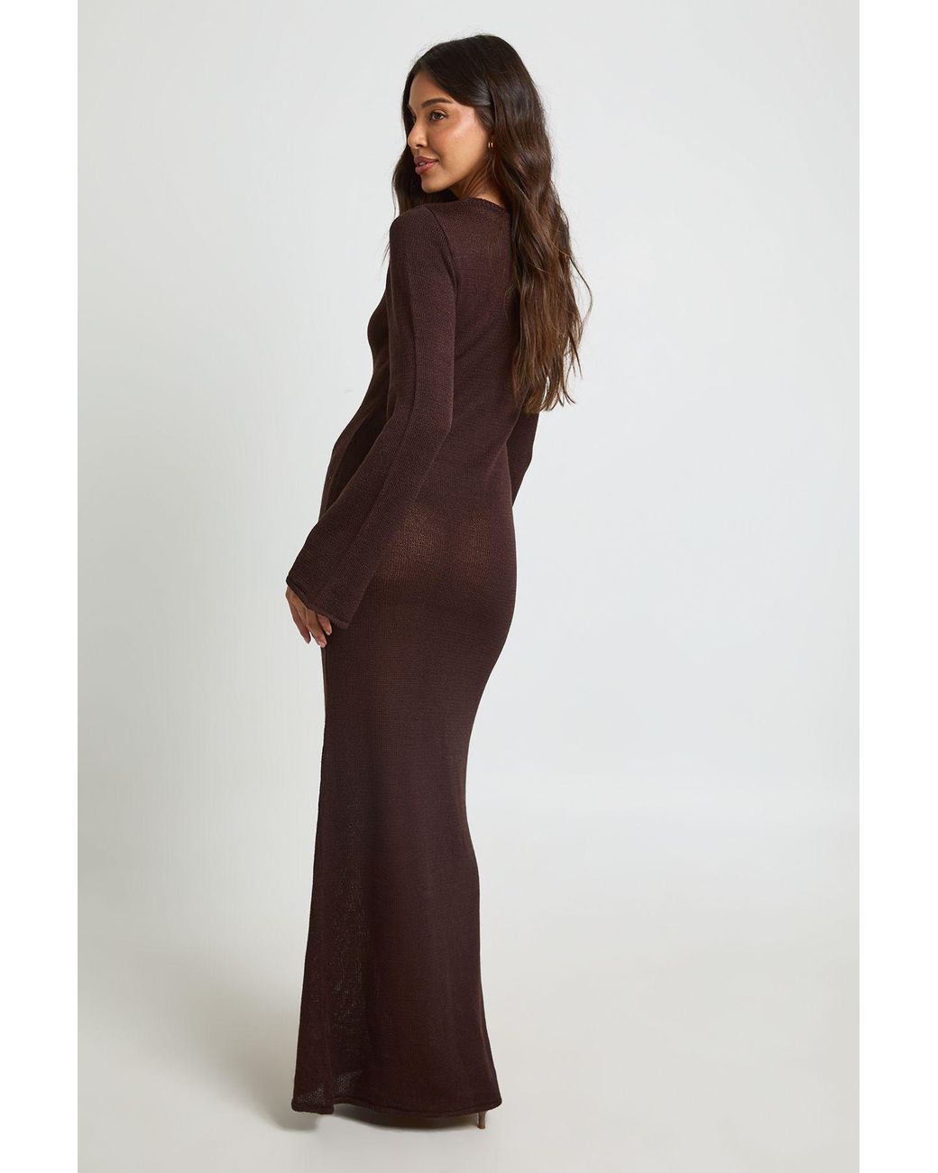 Boohoo Brown Slash Neck Long Sleeve Knitted Maxi Dress