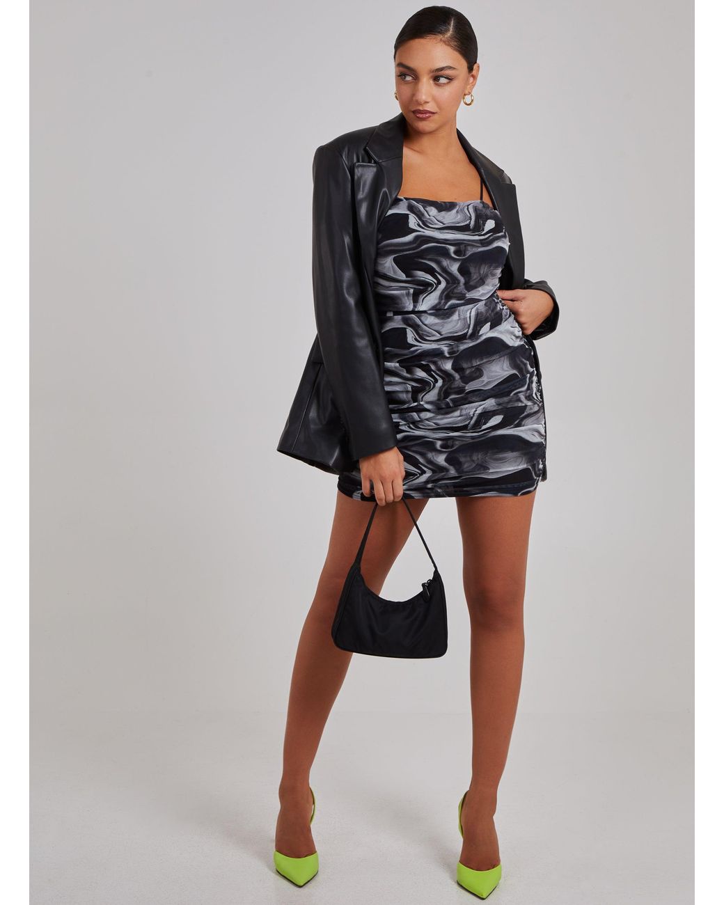 Pink Vanilla Black Mesh Marble Ruched Cami Mini Dress