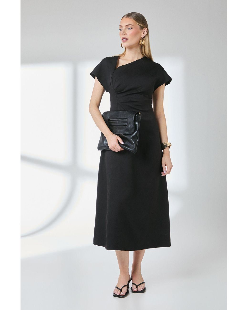 PRINCIPLES Black Asymmetric Neckline Contrast Cuff Midi Dress