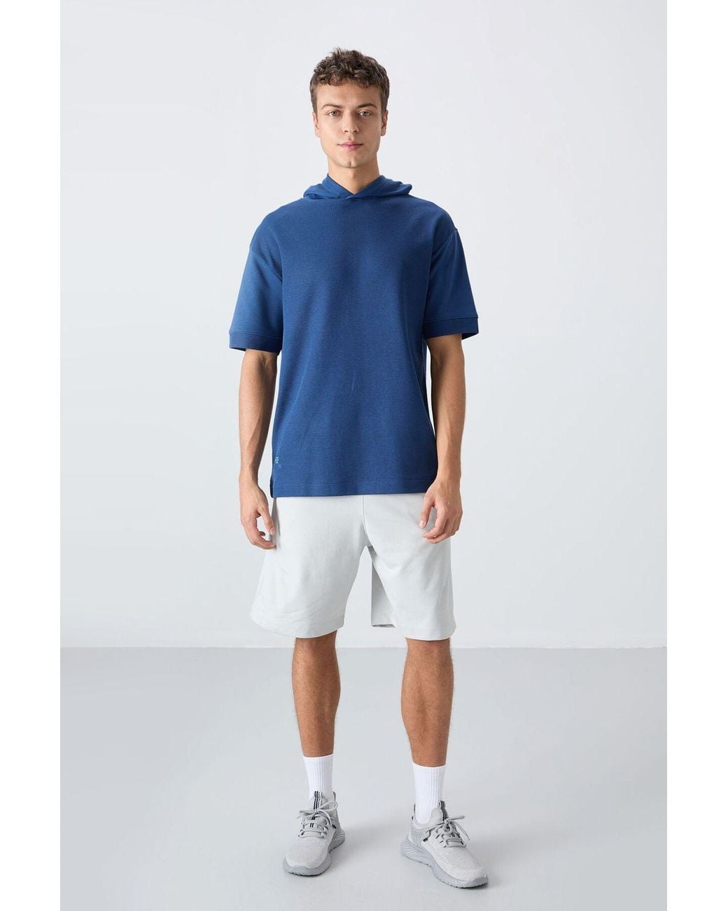TOMMY LIFE Blue Oversized Hooded Short-Sleeve T-Shirt for men
