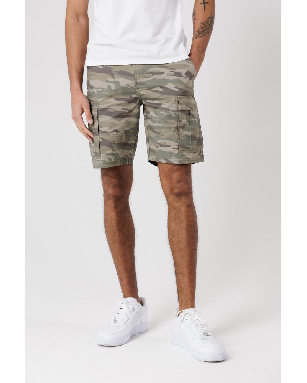 Tokyo Laundry Blue Washed Cotton Twill Cargo Shorts With Camo Print for men