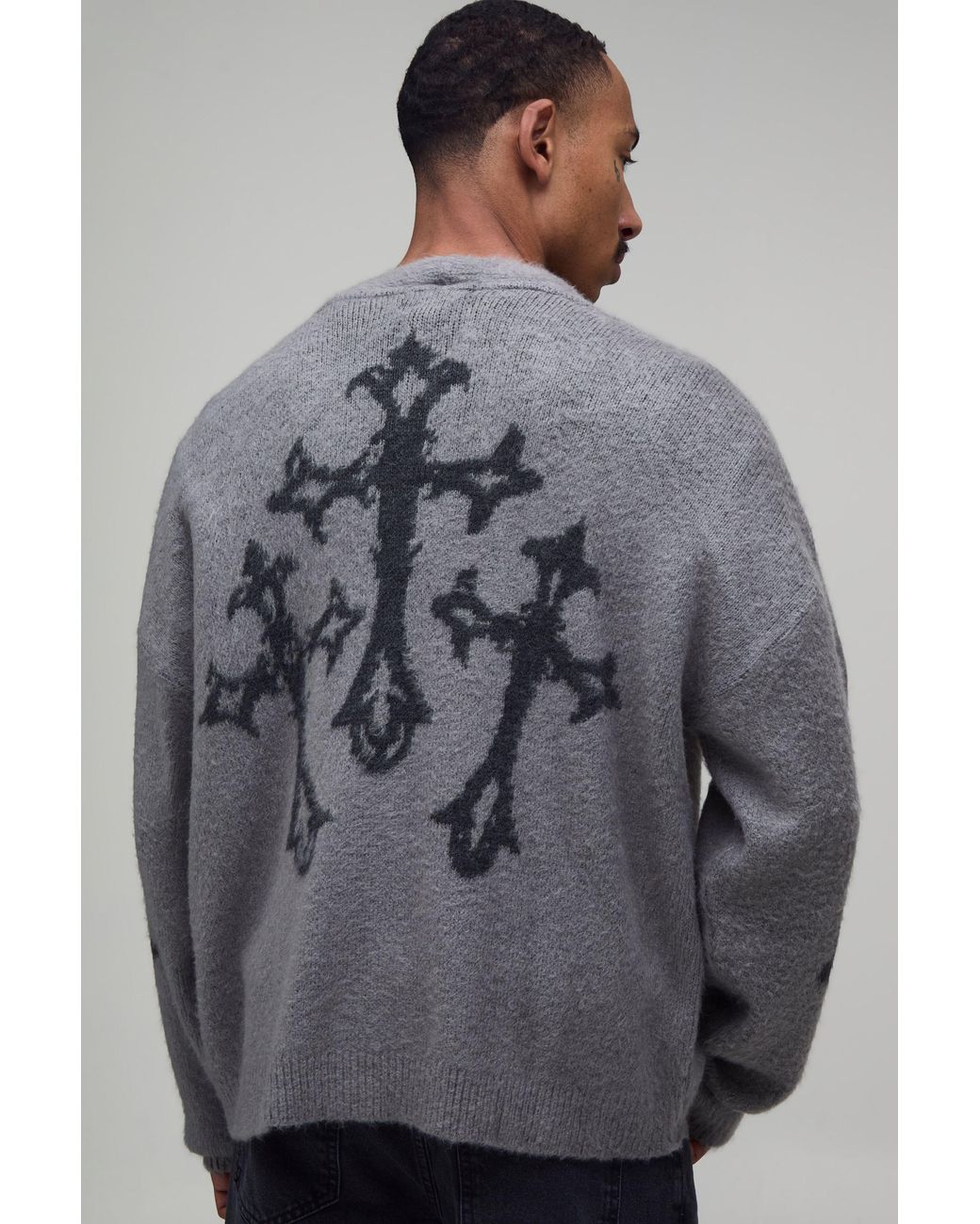 BoohooMAN Gray Relaxed Boxy Brushed Gothic Cross Knitted Cardigan for men