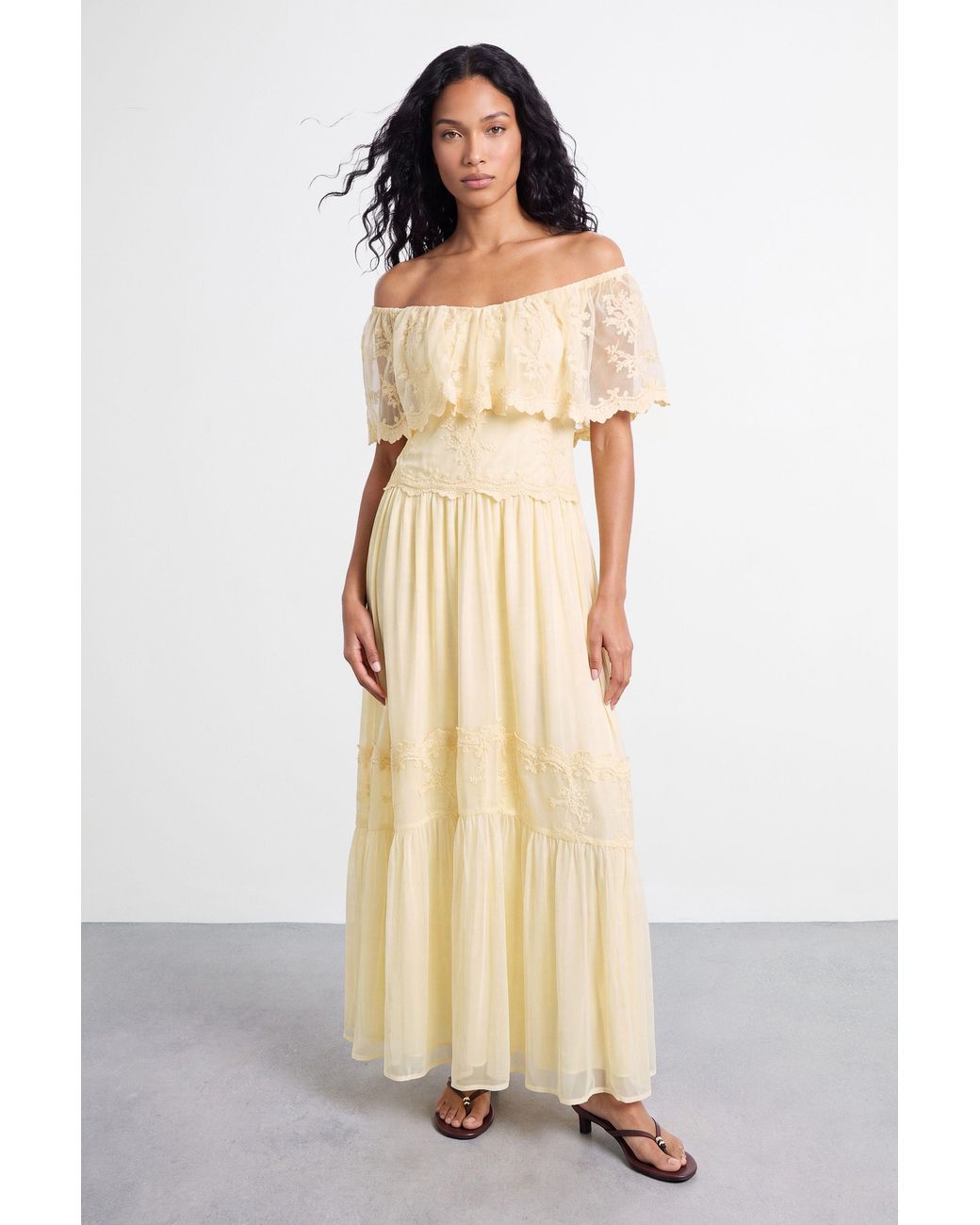Warehouse Natural V Neck Ruffle Tulle Embroidered Maxi Dress