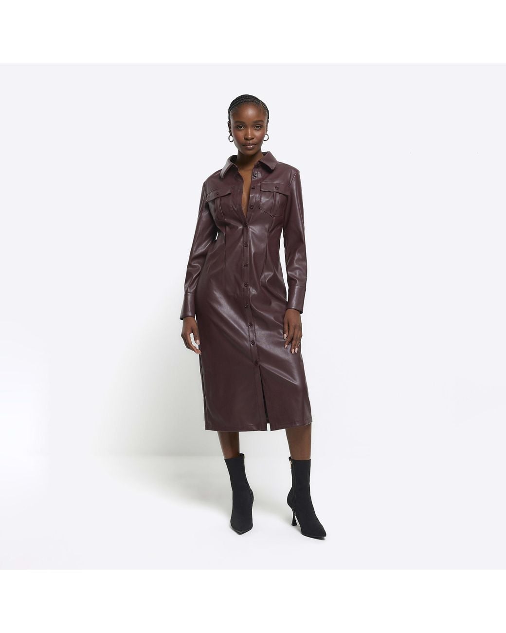 river island faux leather dress Black Faux Leather Drape Midi Dress
