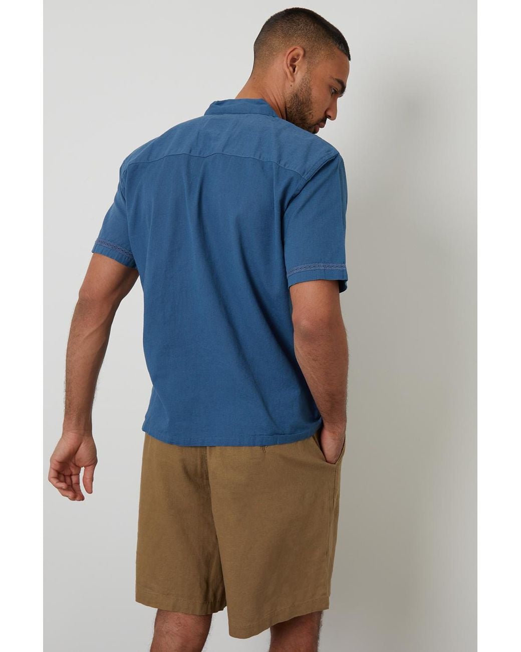 Threadbare Blue Linen Blend Lace Trim Relaxed Fit Shirt for men