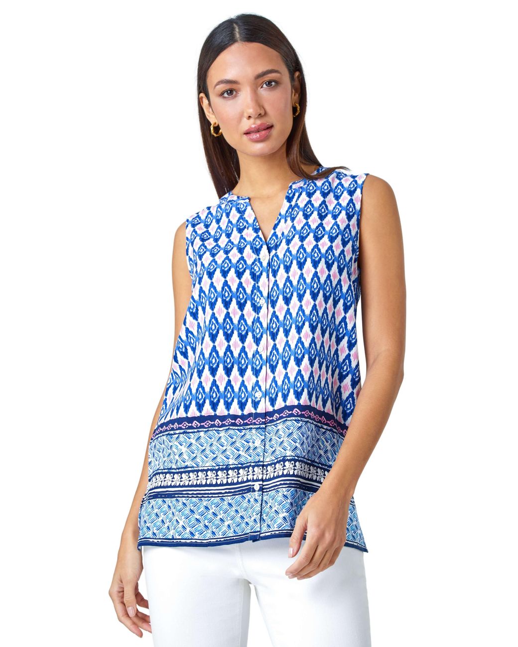 Roman Blue Longline Border Print V-Neck Blouse