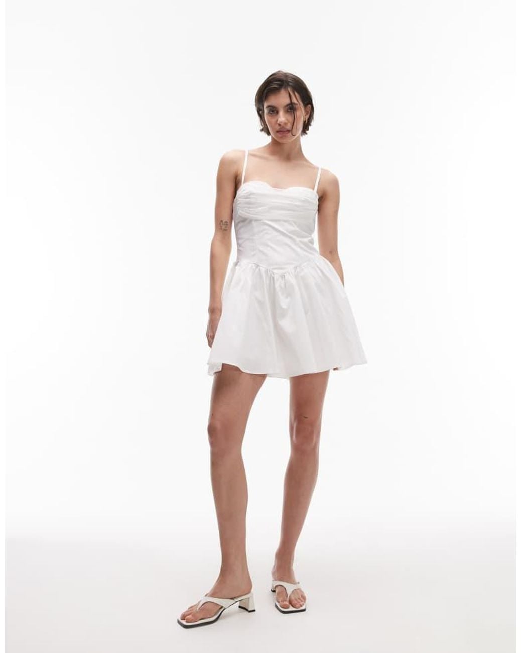 SNDY'S White Strappy Poplin Drape Mesh Bust Sweetheart Neck Mini Dress
