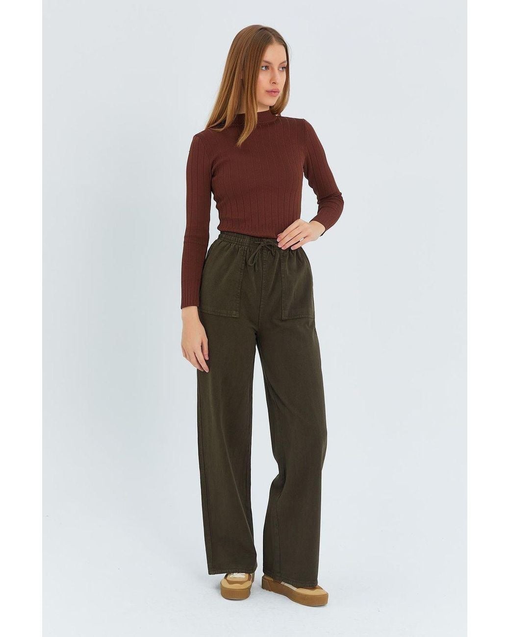MixRay Green Elastic Waist Straight Leg Cotton Pants