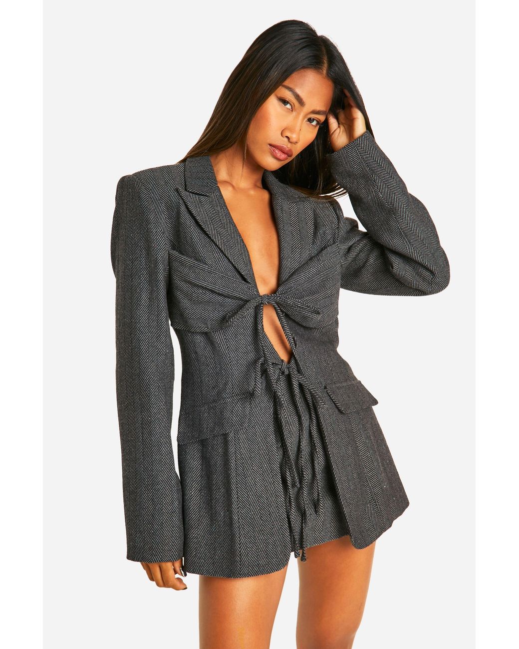 Boohoo Black Herringbone Tie Front Fitted Blazer