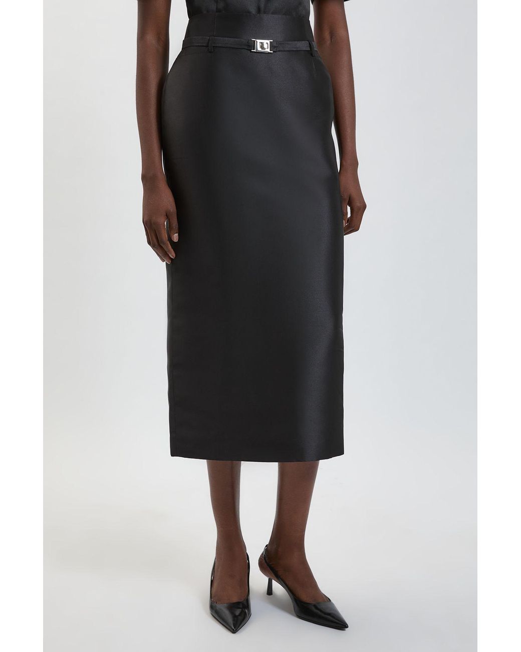 Karen Millen Black Satin Twill Belted Maxi Skirt