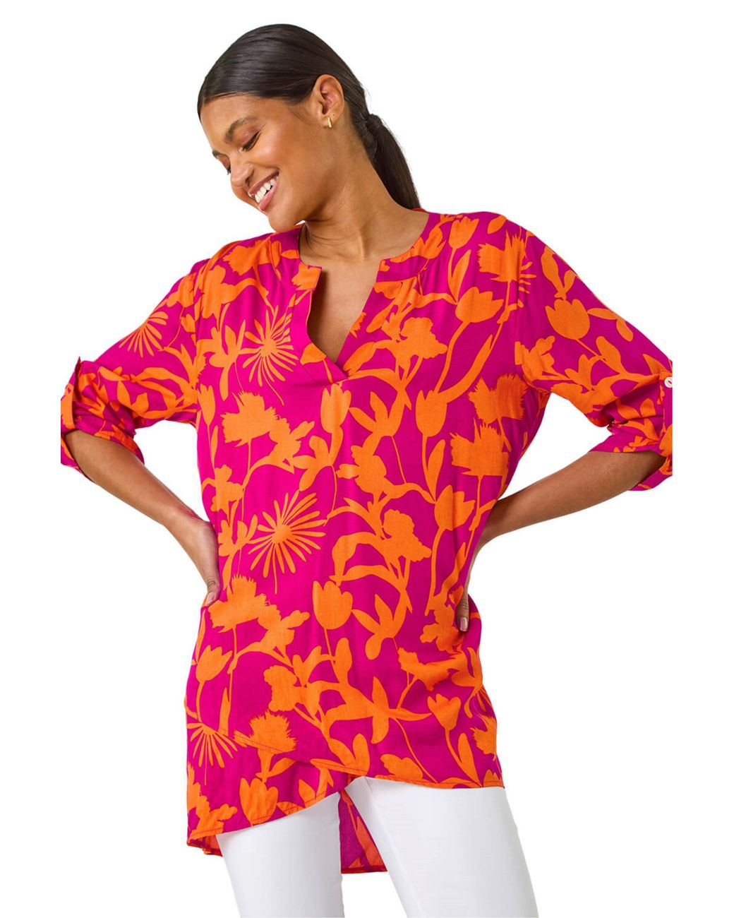 Roman Red Floral Wrap Hem Tunic Top