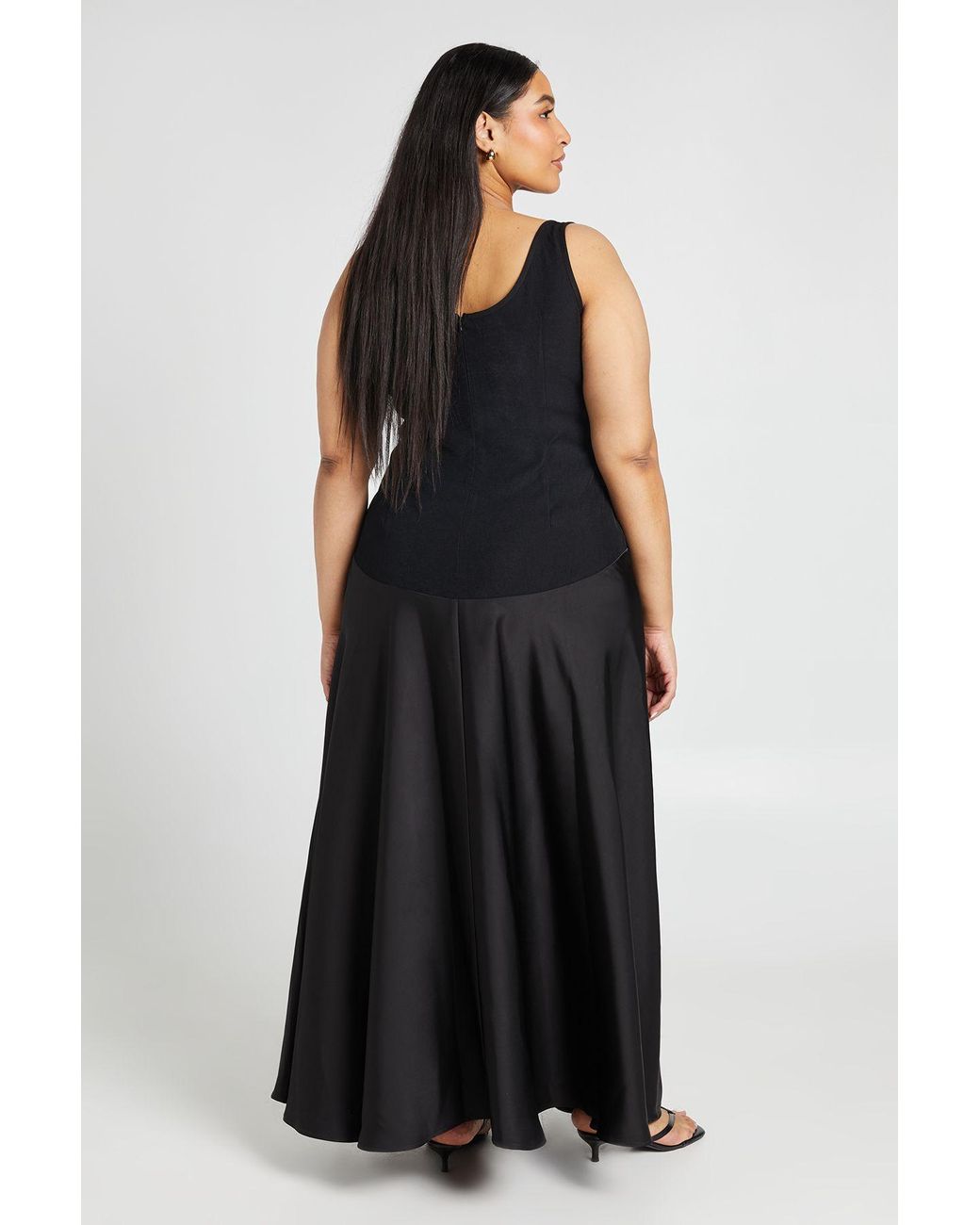 Boohoo Black Plus Crepe Sleeveless Dress With Satin Skirt