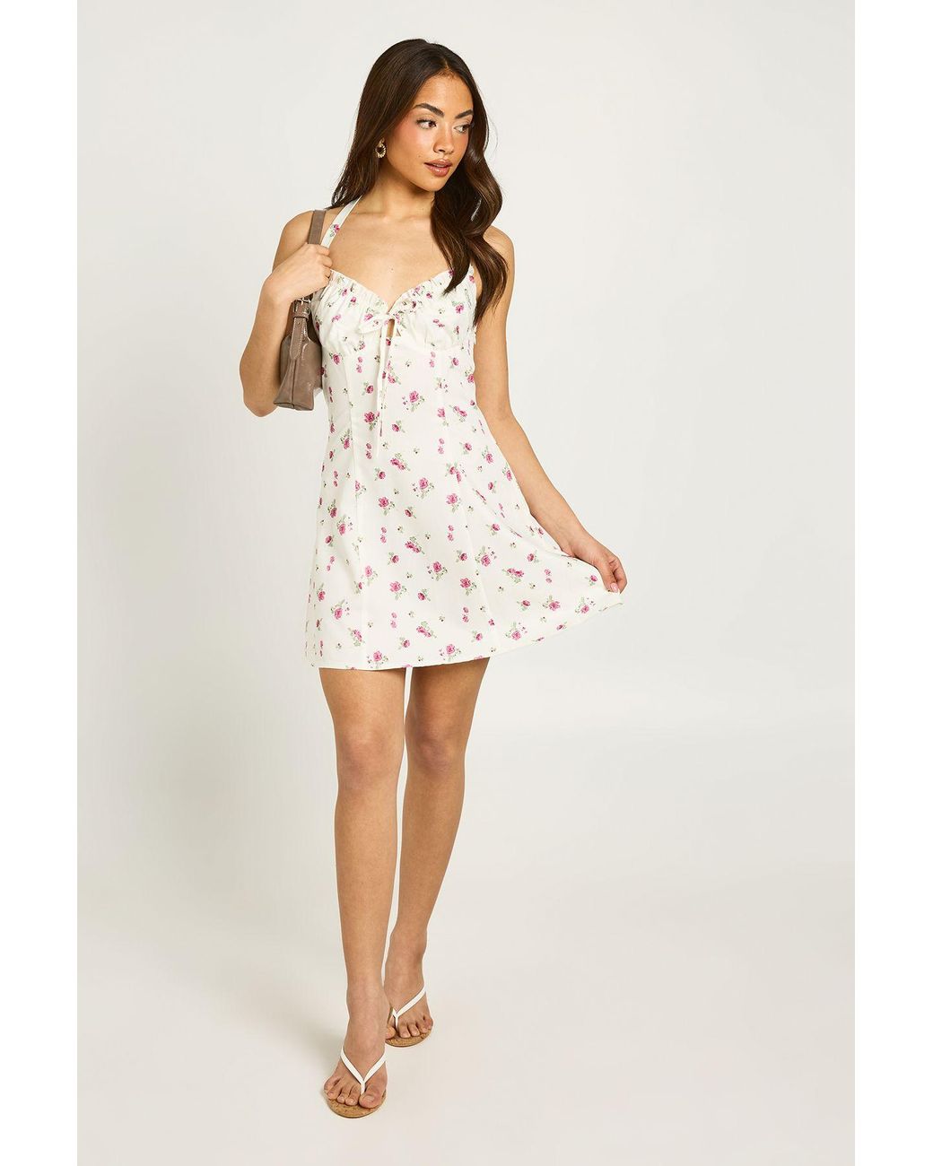 Boohoo White Floral Halterneck Ruched Bust Mini Dress
